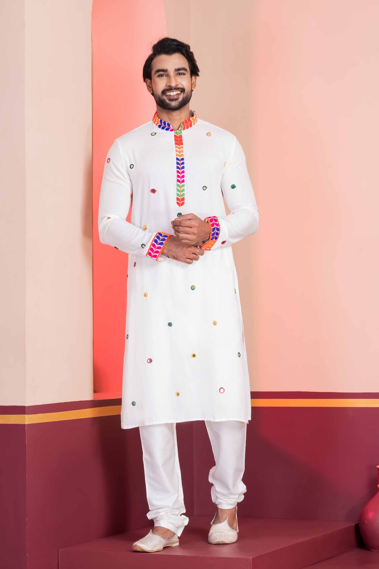 White Rayon Kurta with Multicolor Mirror Work and Printed Collar For Navratri