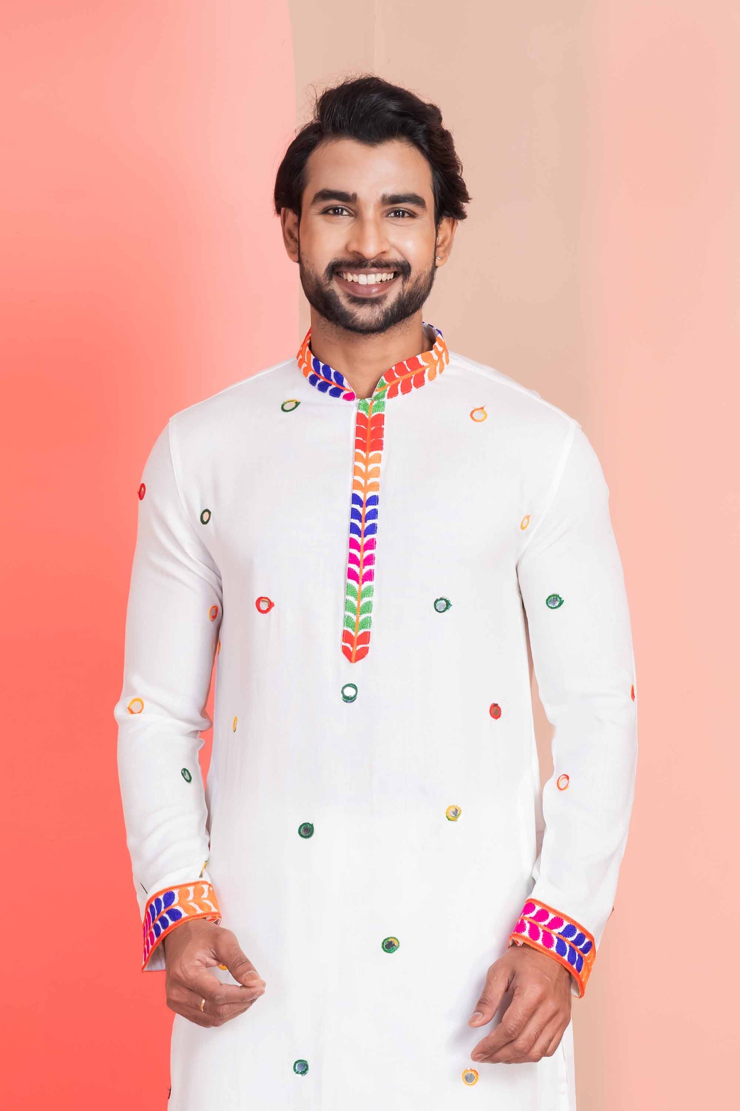 White Rayon Kurta with Multicolor Mirror Work and Printed Collar For Navratri
