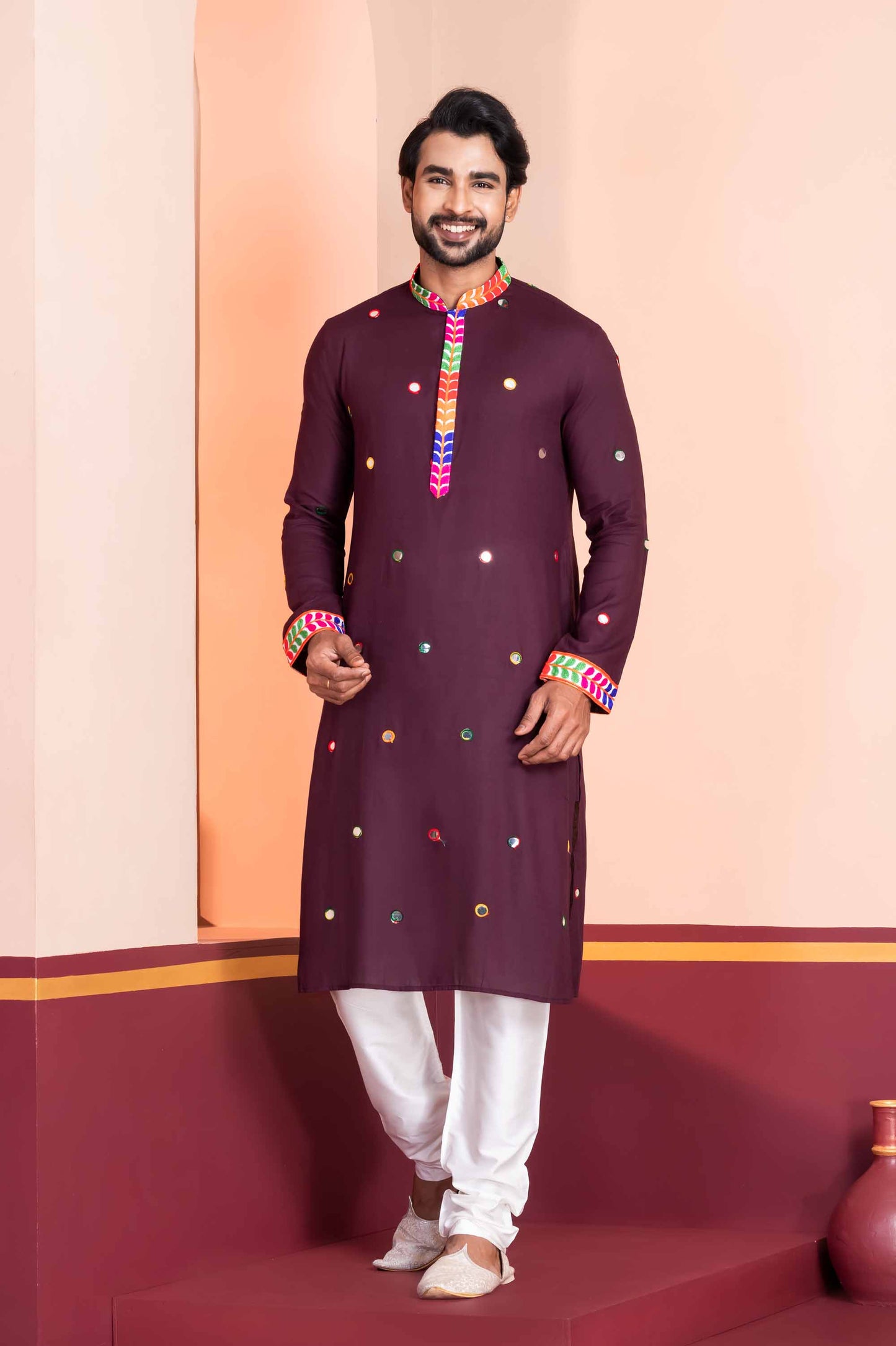 Wine Rayon Kurta with Multicolor Mirror Work and Printed Collar for Navratri