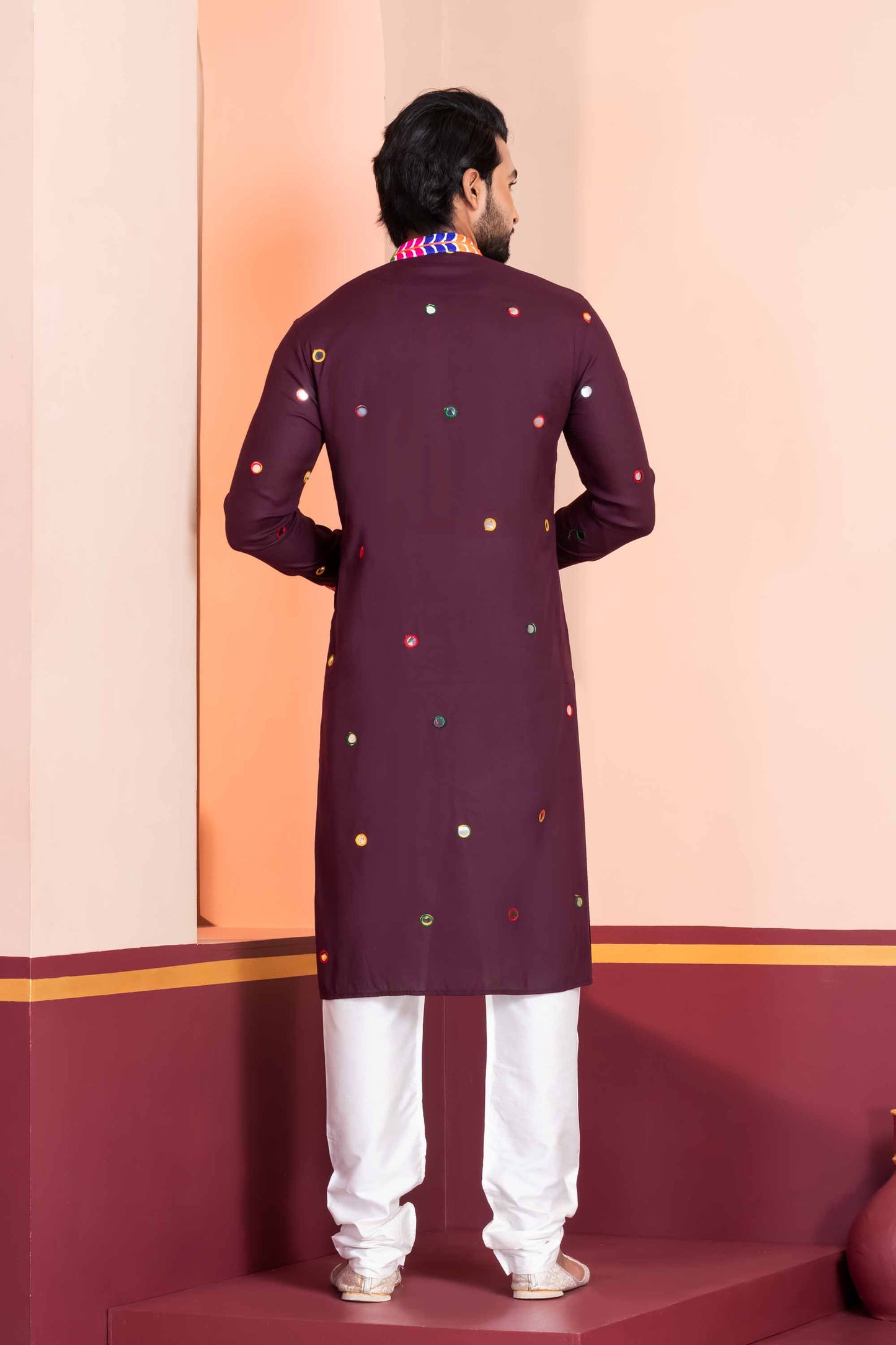 Wine Rayon Kurta with Multicolor Mirror Work and Printed Collar for Navratri