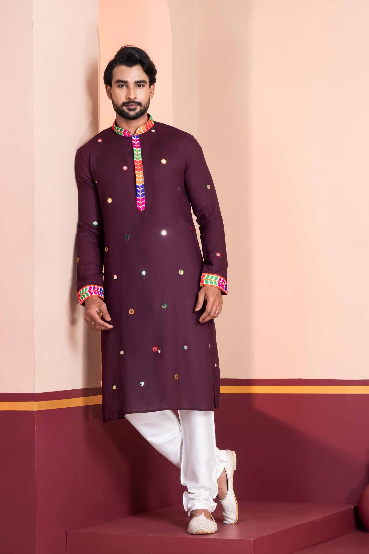 Wine Rayon Kurta with Multicolor Mirror Work and Printed Collar for Navratri