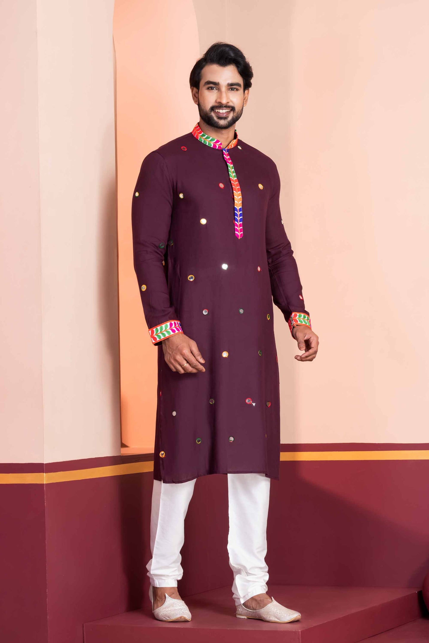 Wine Rayon Kurta with Multicolor Mirror Work and Printed Collar for Navratri