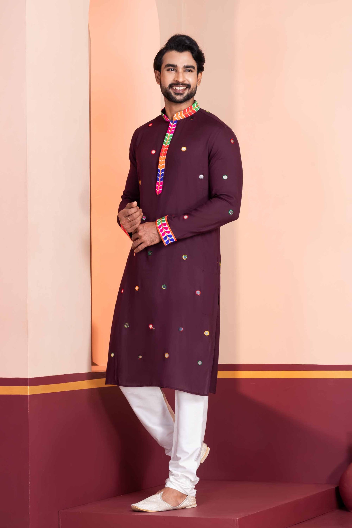 Wine Rayon Kurta with Multicolor Mirror Work and Printed Collar for Navratri