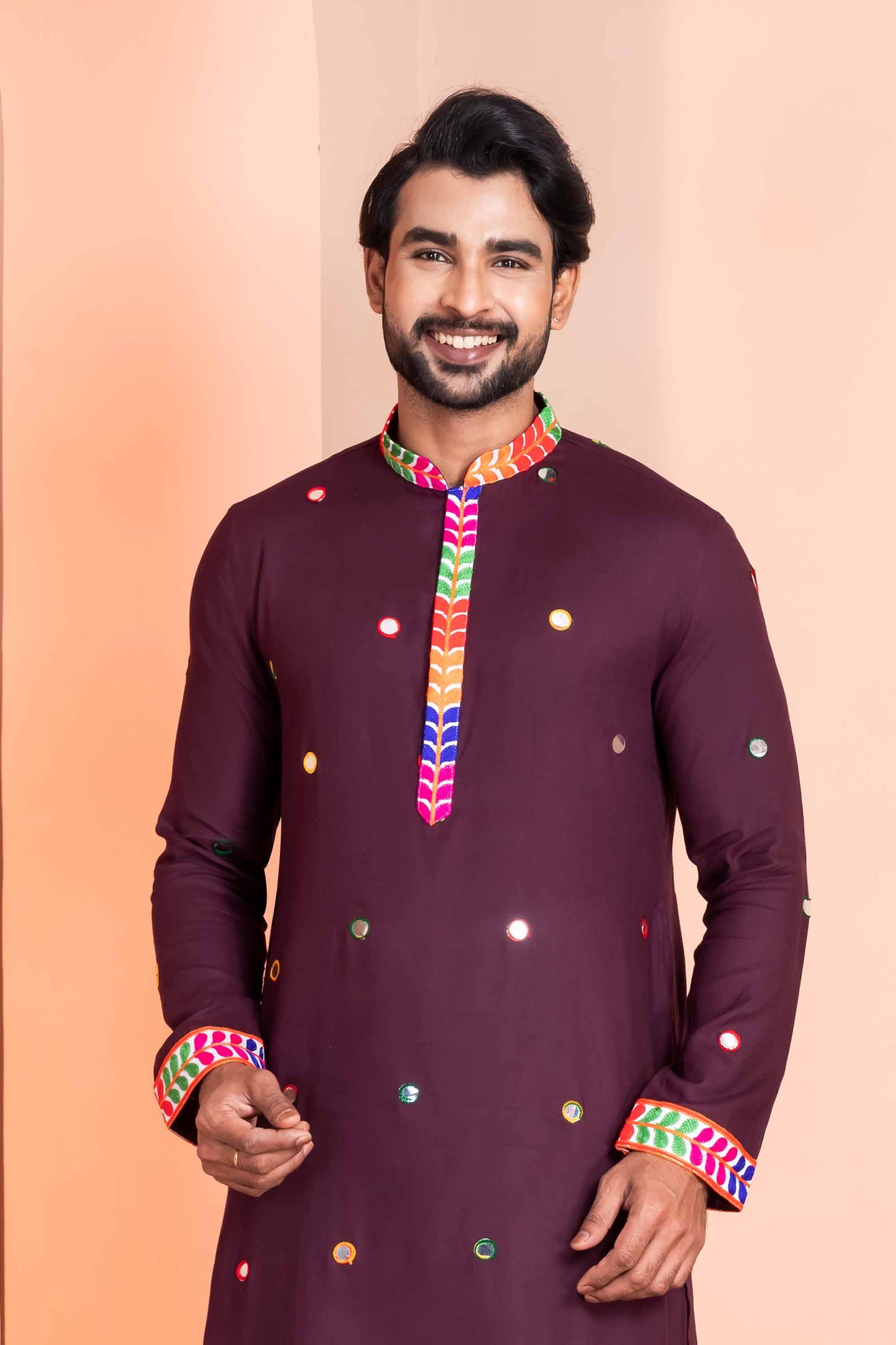 Wine Rayon Kurta with Multicolor Mirror Work and Printed Collar for Navratri