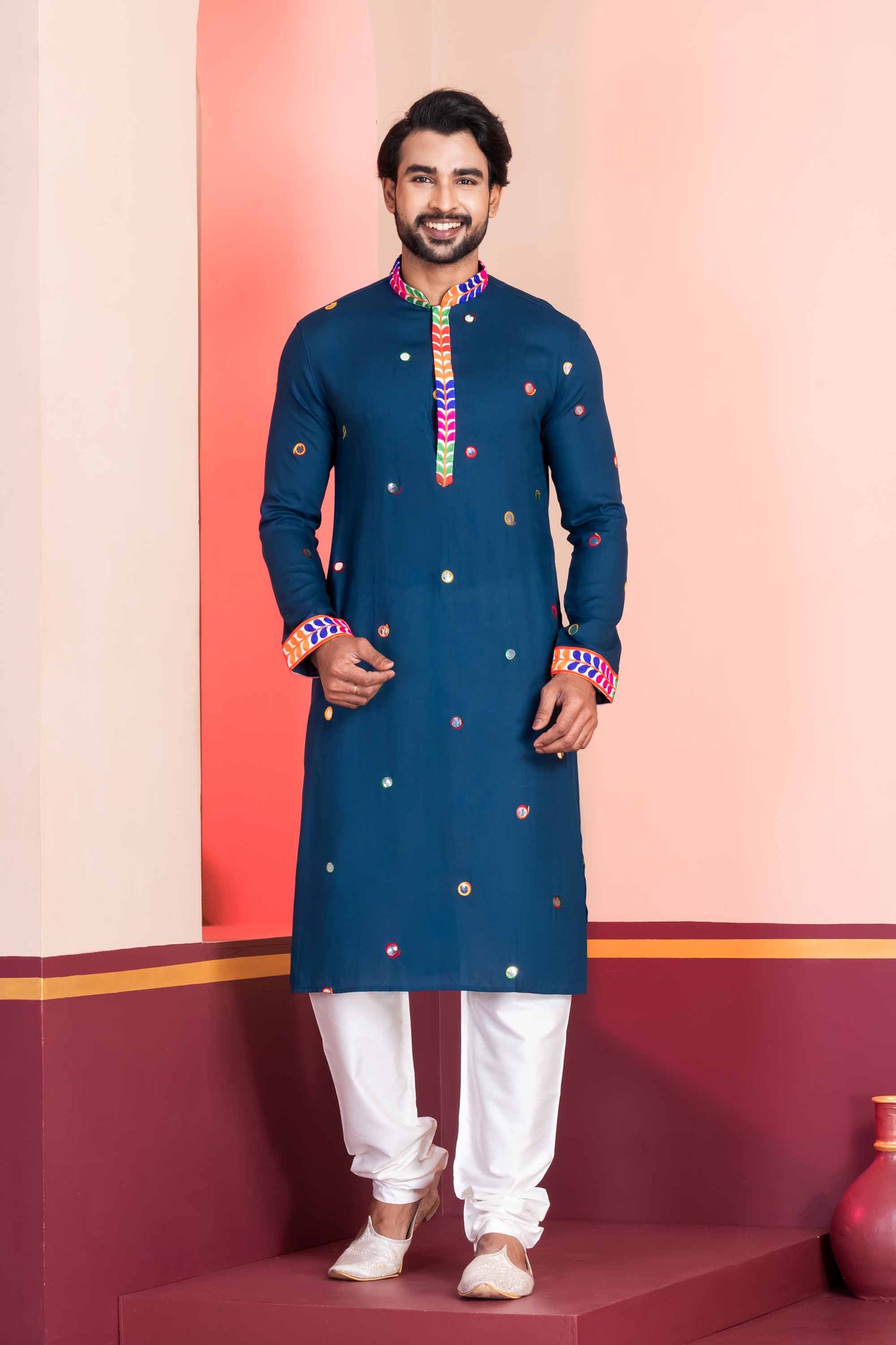 Navy Blue Rayon Kurta with Multicolor Mirror Work and Printed Collar for Navratri