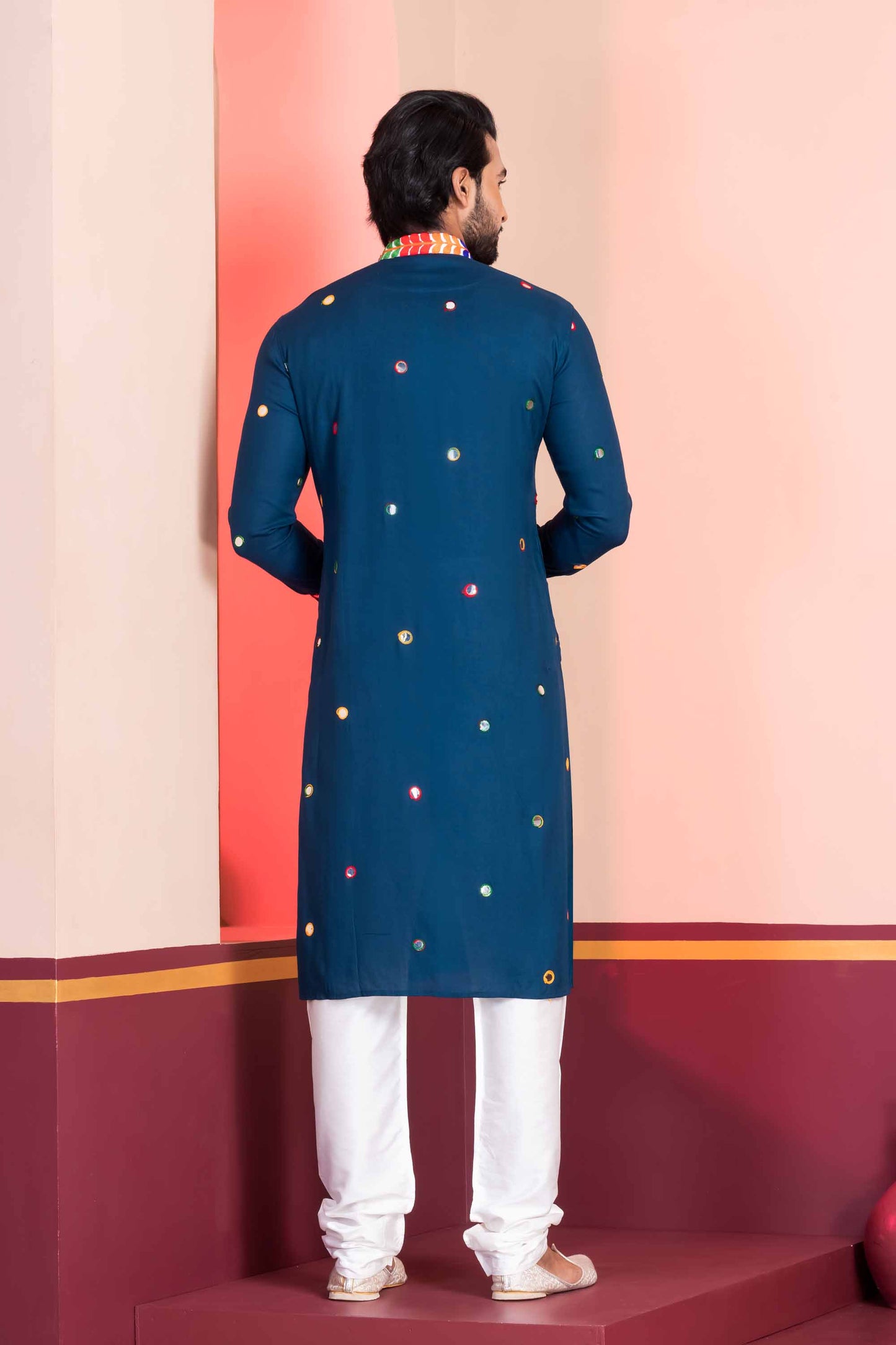 Navy Blue Rayon Kurta with Multicolor Mirror Work and Printed Collar for Navratri
