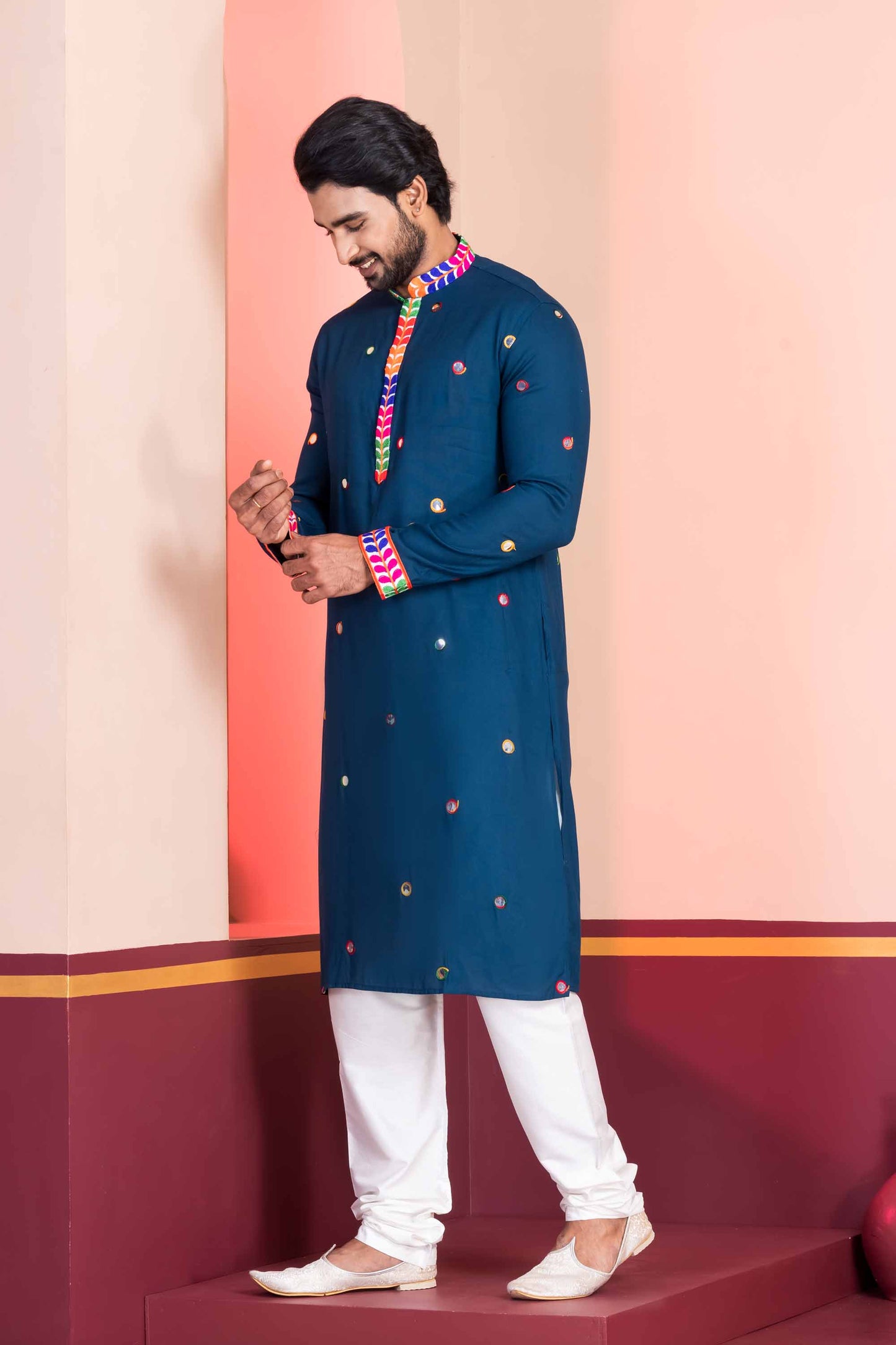 Navy Blue Rayon Kurta with Multicolor Mirror Work and Printed Collar for Navratri