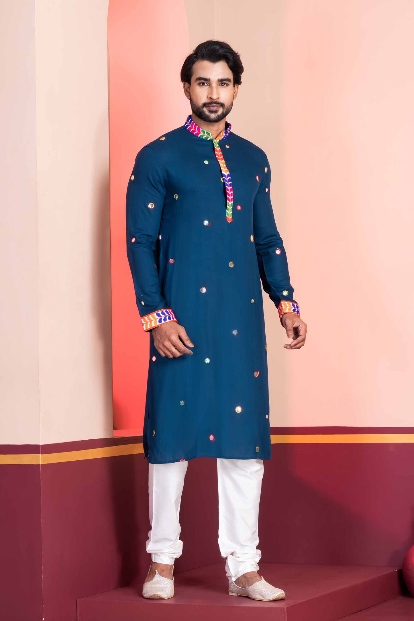 Navy Blue Rayon Kurta with Multicolor Mirror Work and Printed Collar for Navratri