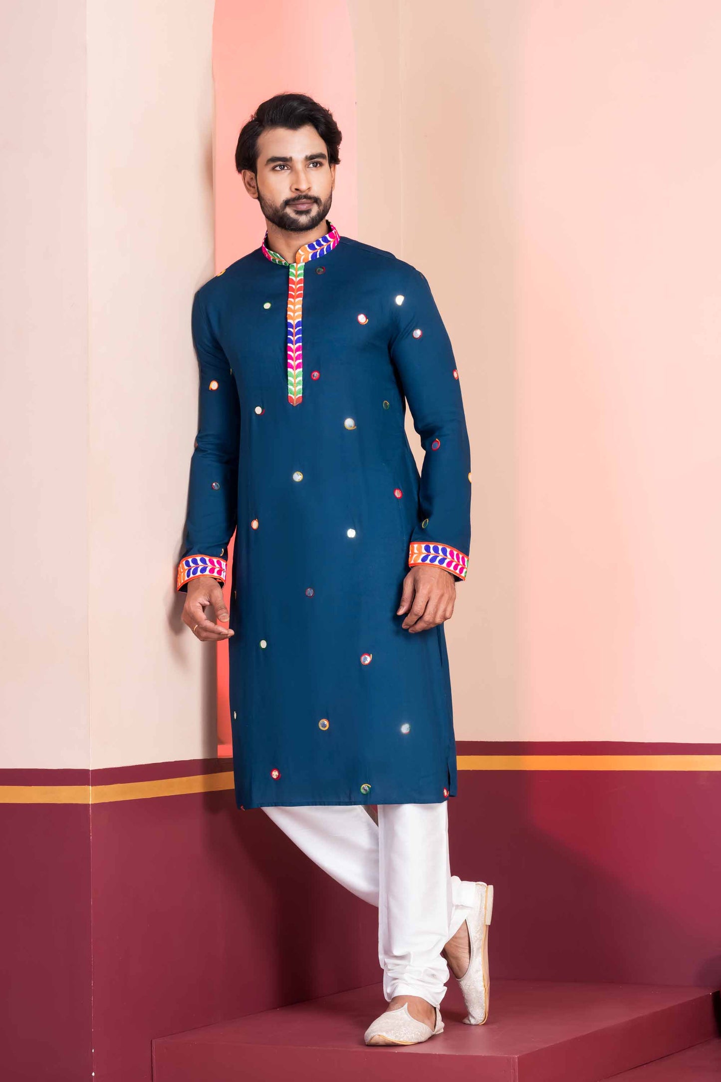 Navy Blue Rayon Kurta with Multicolor Mirror Work and Printed Collar for Navratri