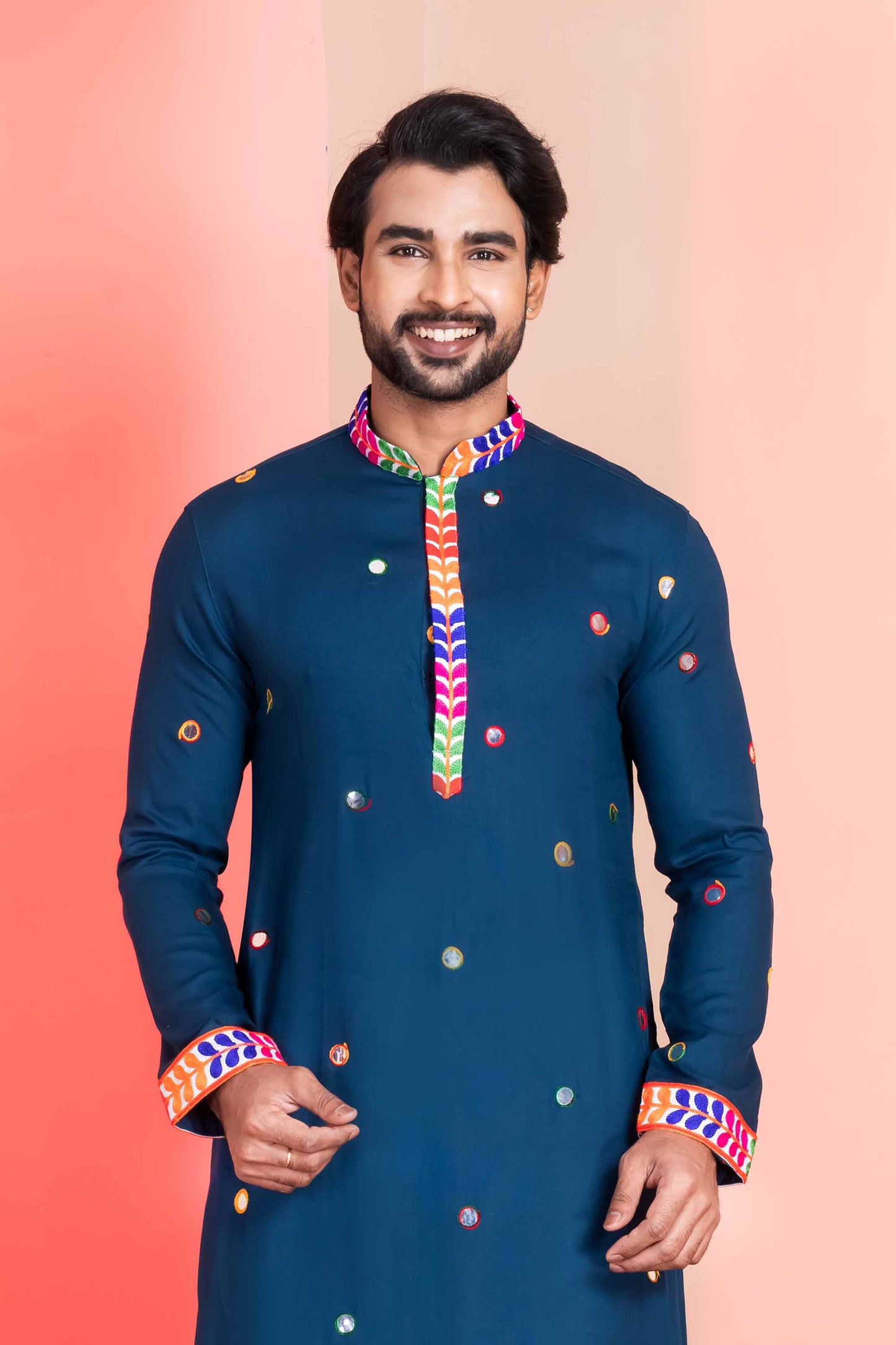 Navy Blue Rayon Kurta with Multicolor Mirror Work and Printed Collar for Navratri