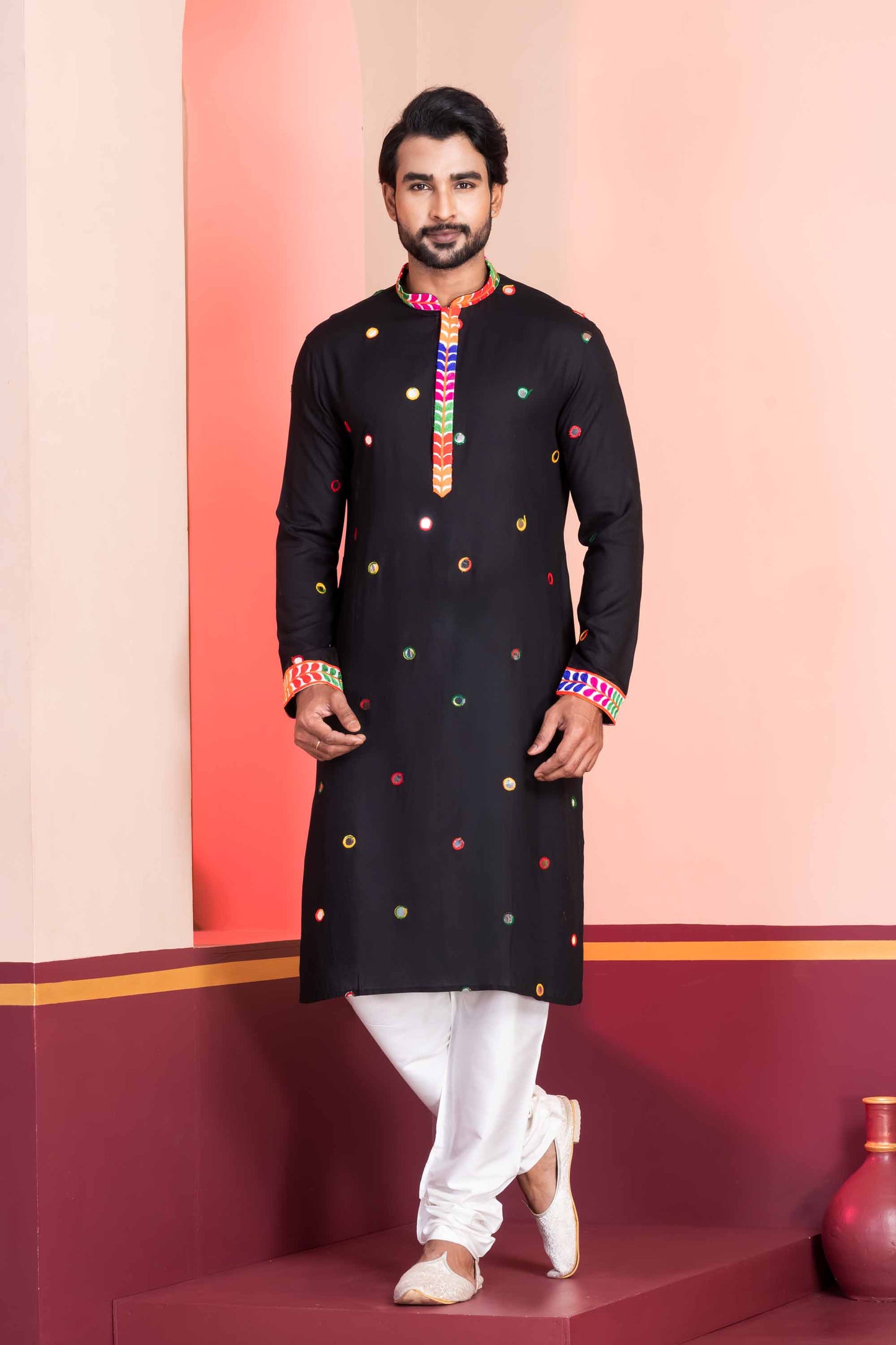 Black Rayon Kurta with Multicolor Mirror Work and Printed Collar for Navratri