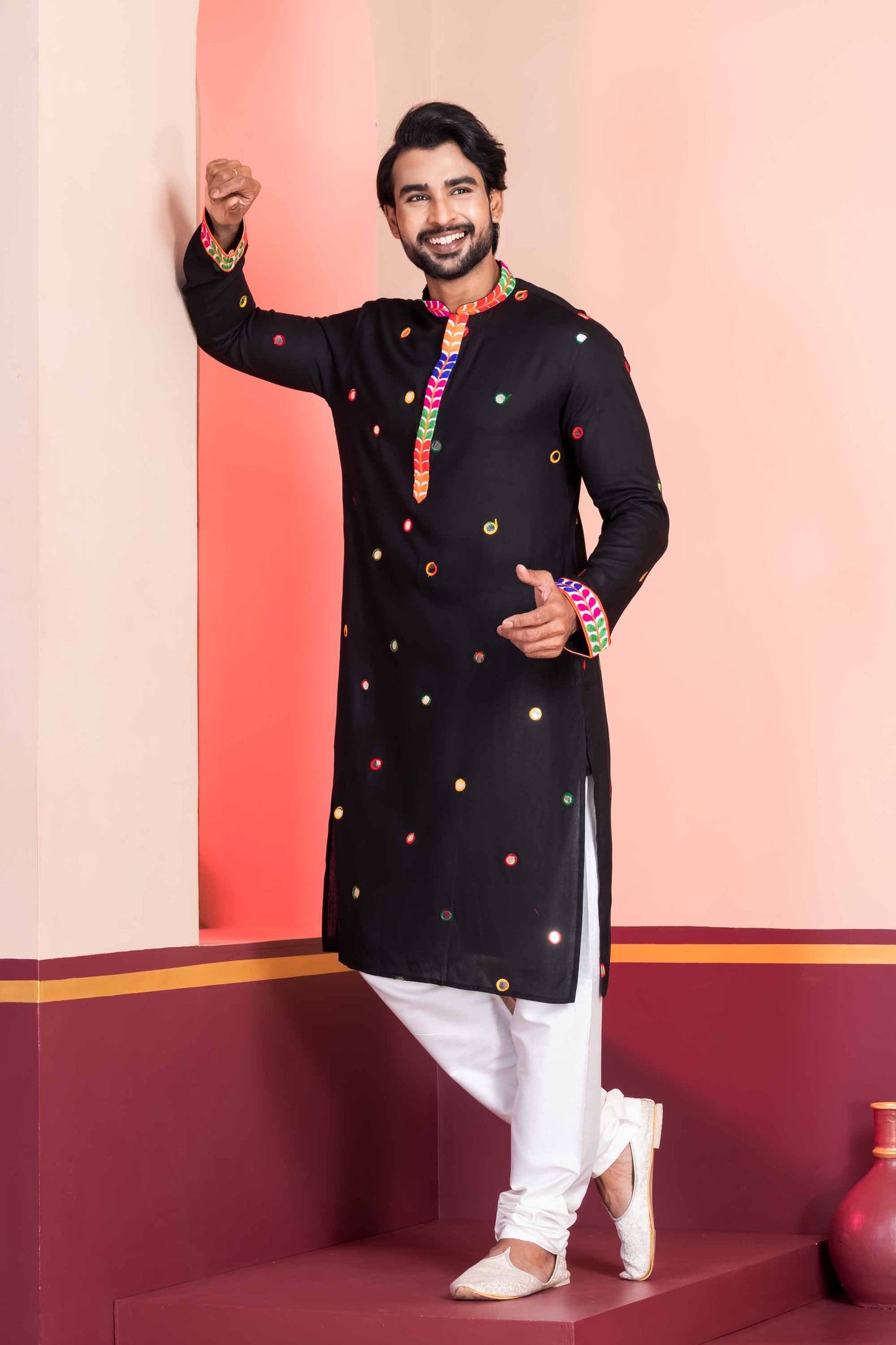 Black Rayon Kurta with Multicolor Mirror Work and Printed Collar for Navratri