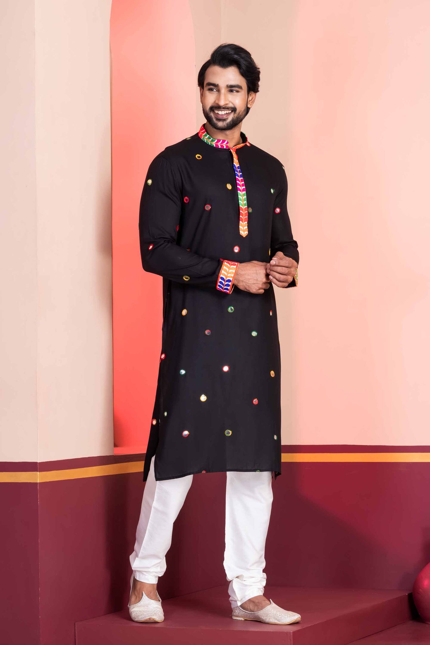 Black Rayon Kurta with Multicolor Mirror Work and Printed Collar for Navratri