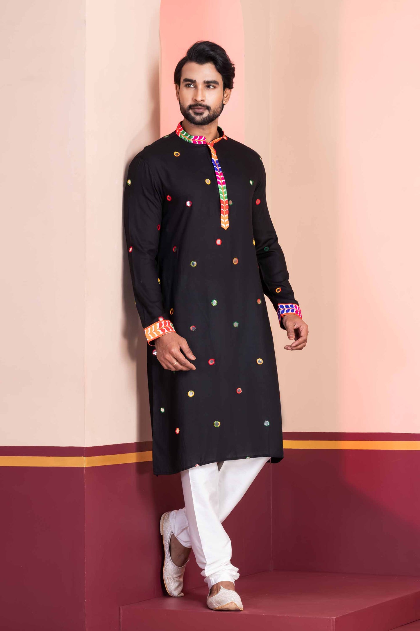 Black Rayon Kurta with Multicolor Mirror Work and Printed Collar for Navratri