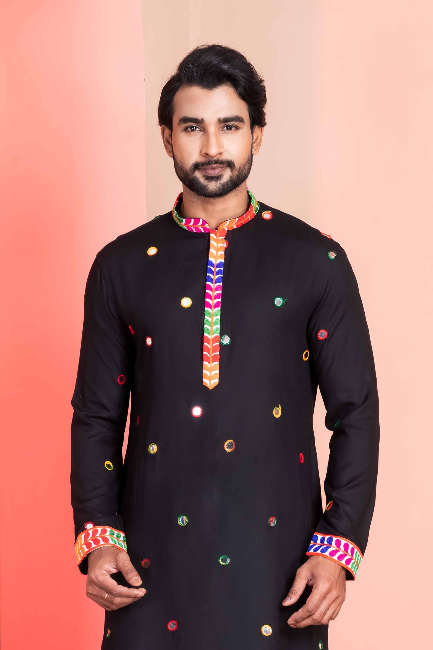 Black Rayon Kurta with Multicolor Mirror Work and Printed Collar for Navratri