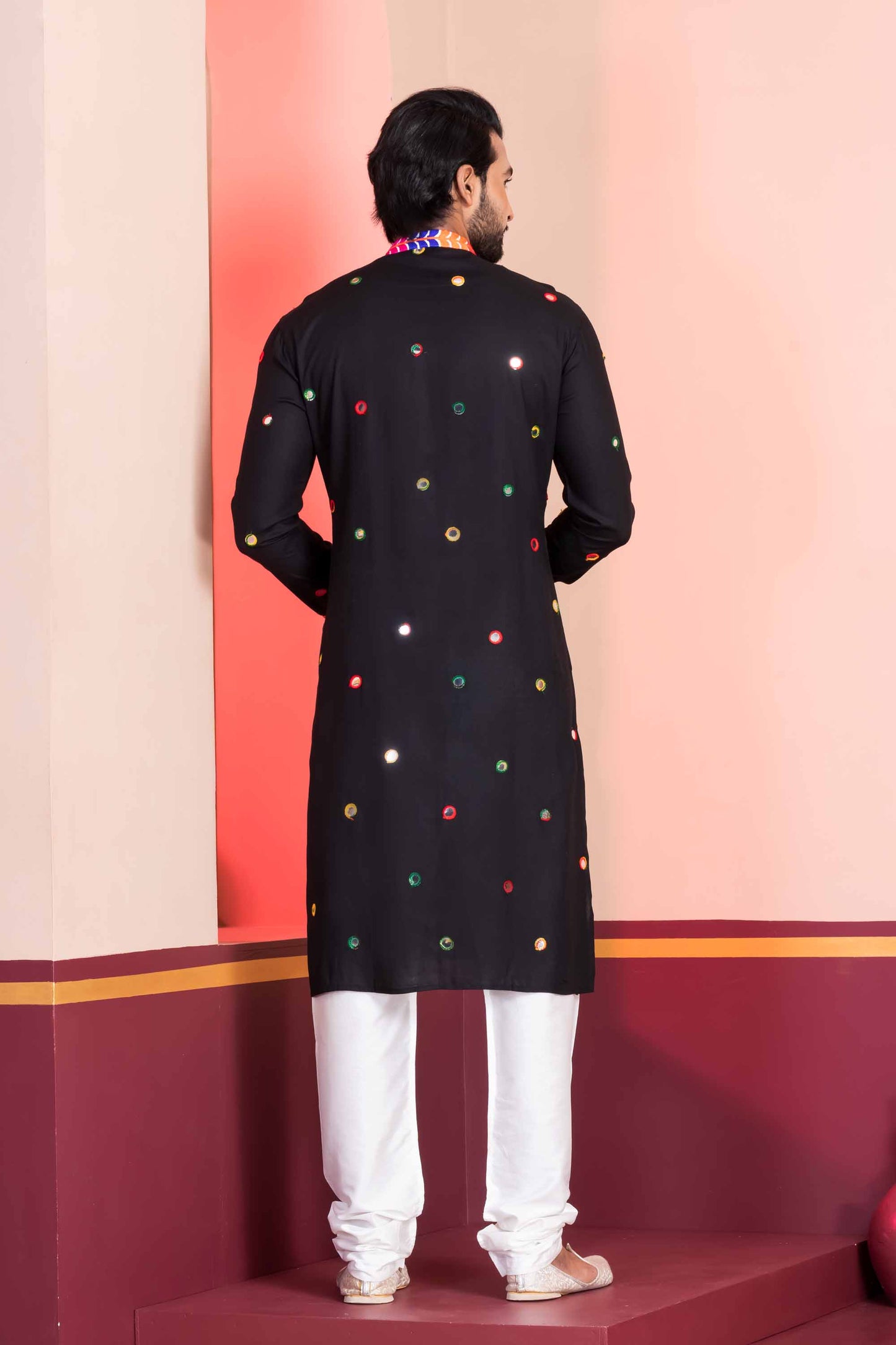 Black Rayon Kurta with Multicolor Mirror Work and Printed Collar for Navratri