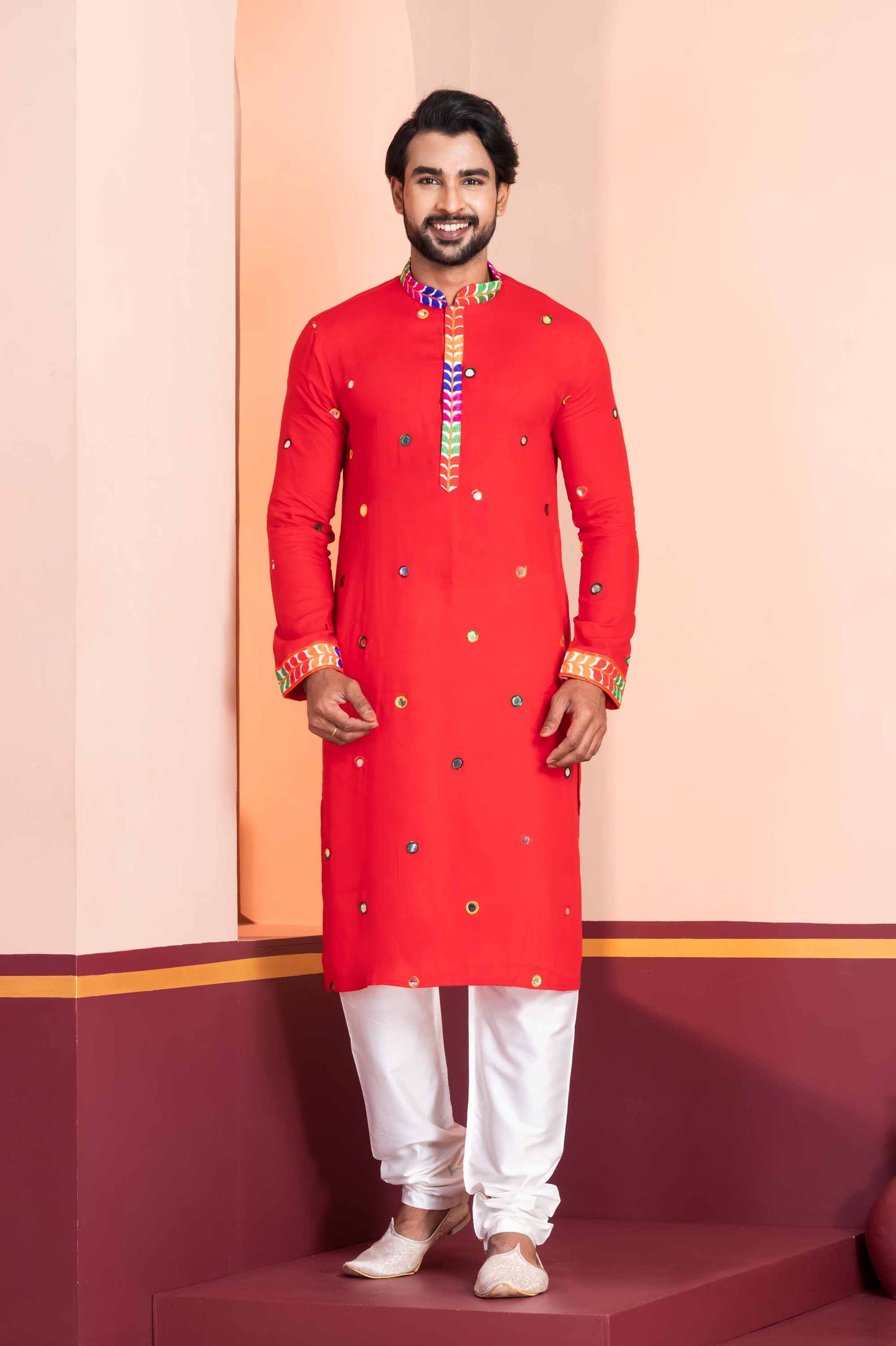 Red Rayon Kurta with Multicolor Mirror Work and Printed Collar for Navratri