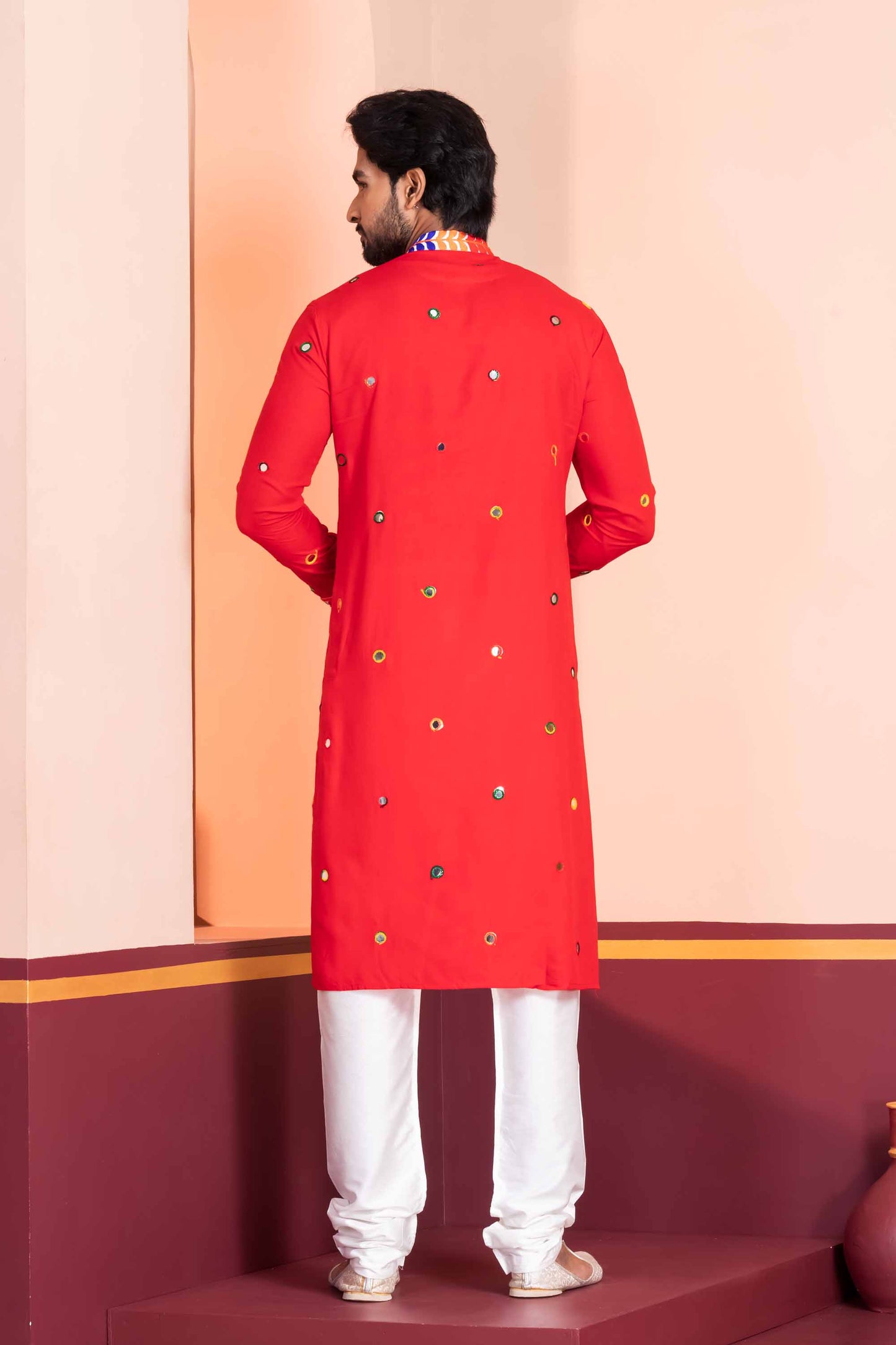 Red Rayon Kurta with Multicolor Mirror Work and Printed Collar for Navratri