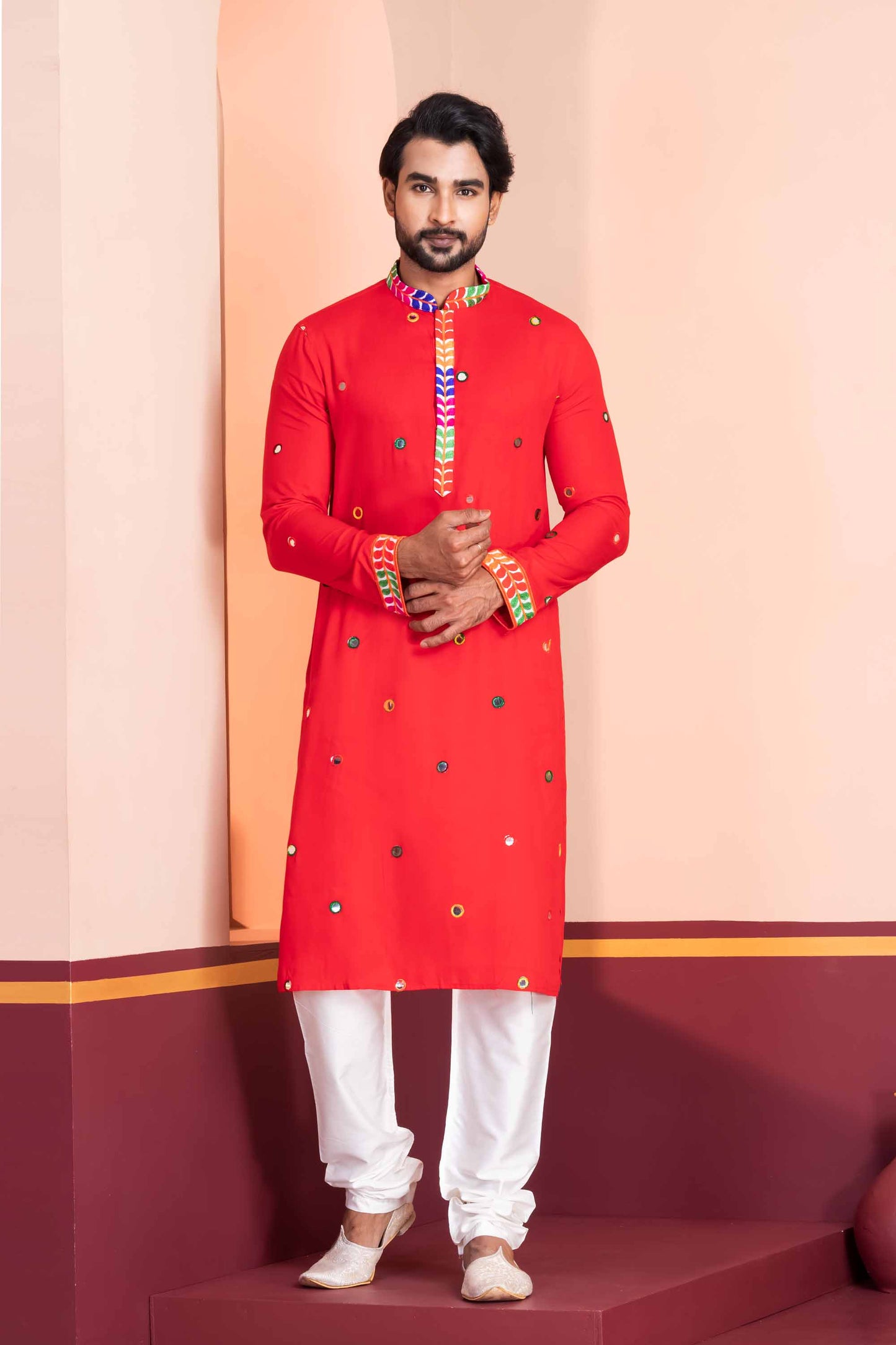 Red Rayon Kurta with Multicolor Mirror Work and Printed Collar for Navratri