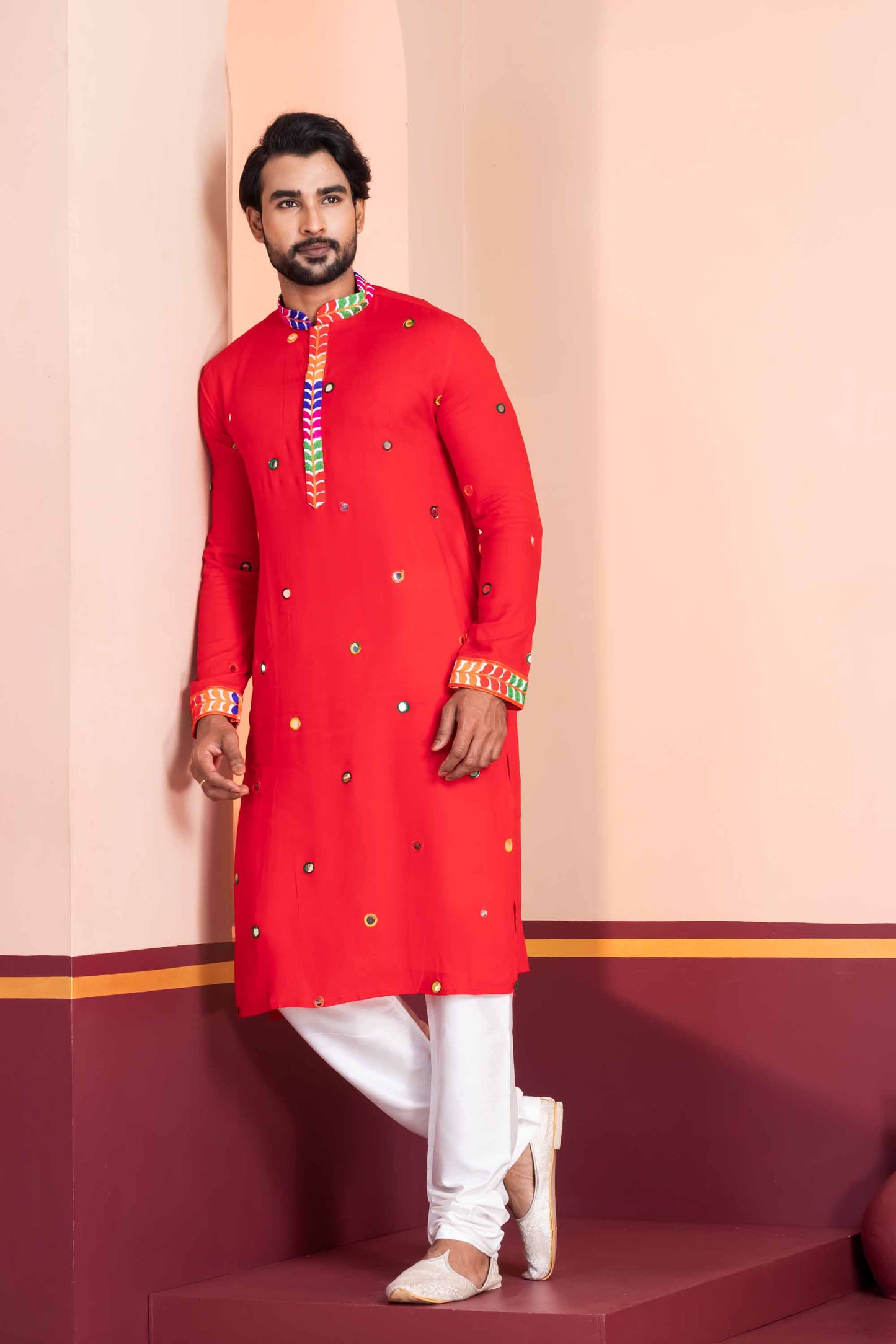 Red Rayon Kurta with Multicolor Mirror Work and Printed Collar for Navratri