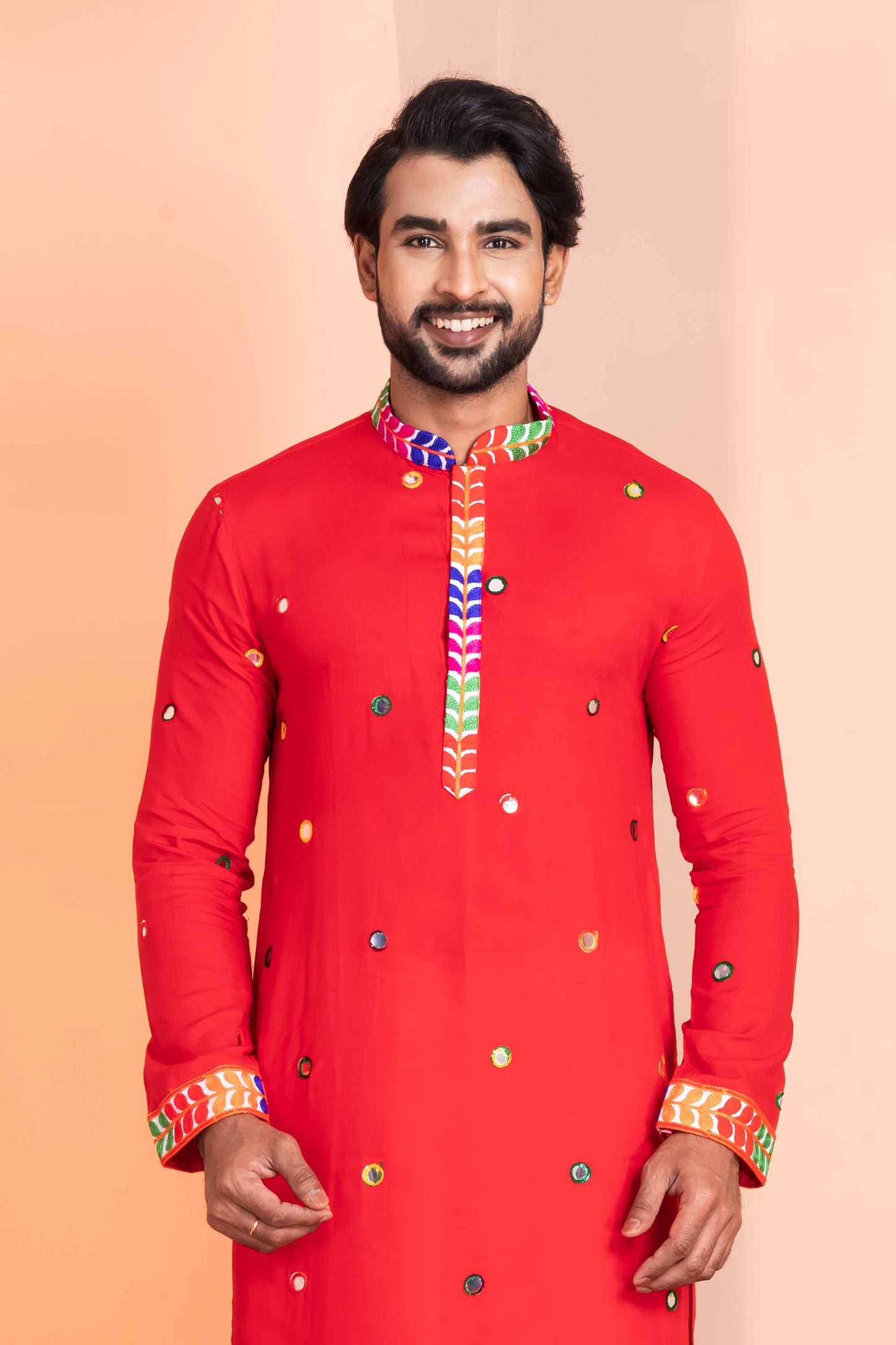 Red Rayon Kurta with Multicolor Mirror Work and Printed Collar for Navratri