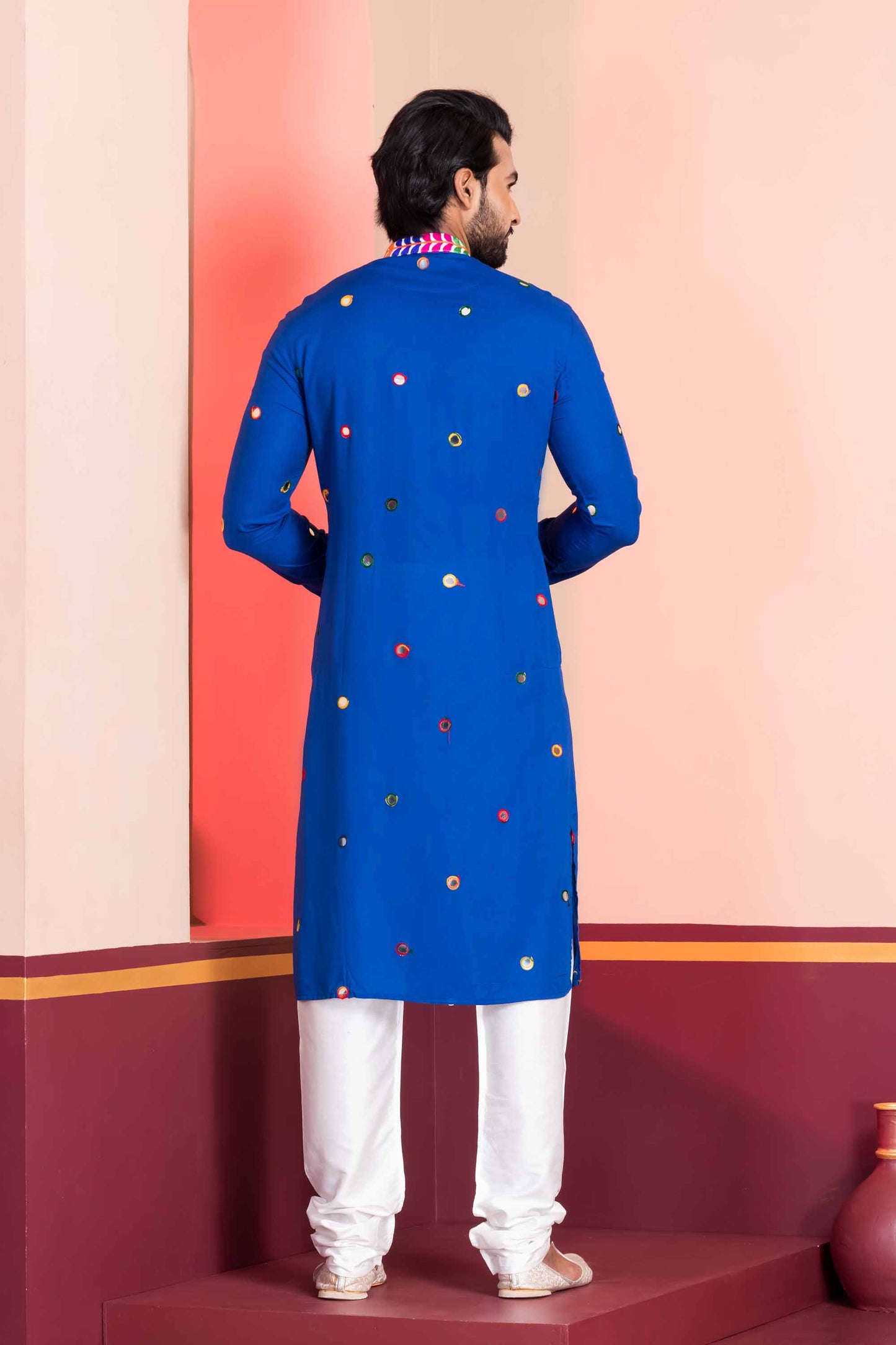 Royal Blue Rayon Kurta with Multicolor Mirror Work and Printed Collar for Navratri