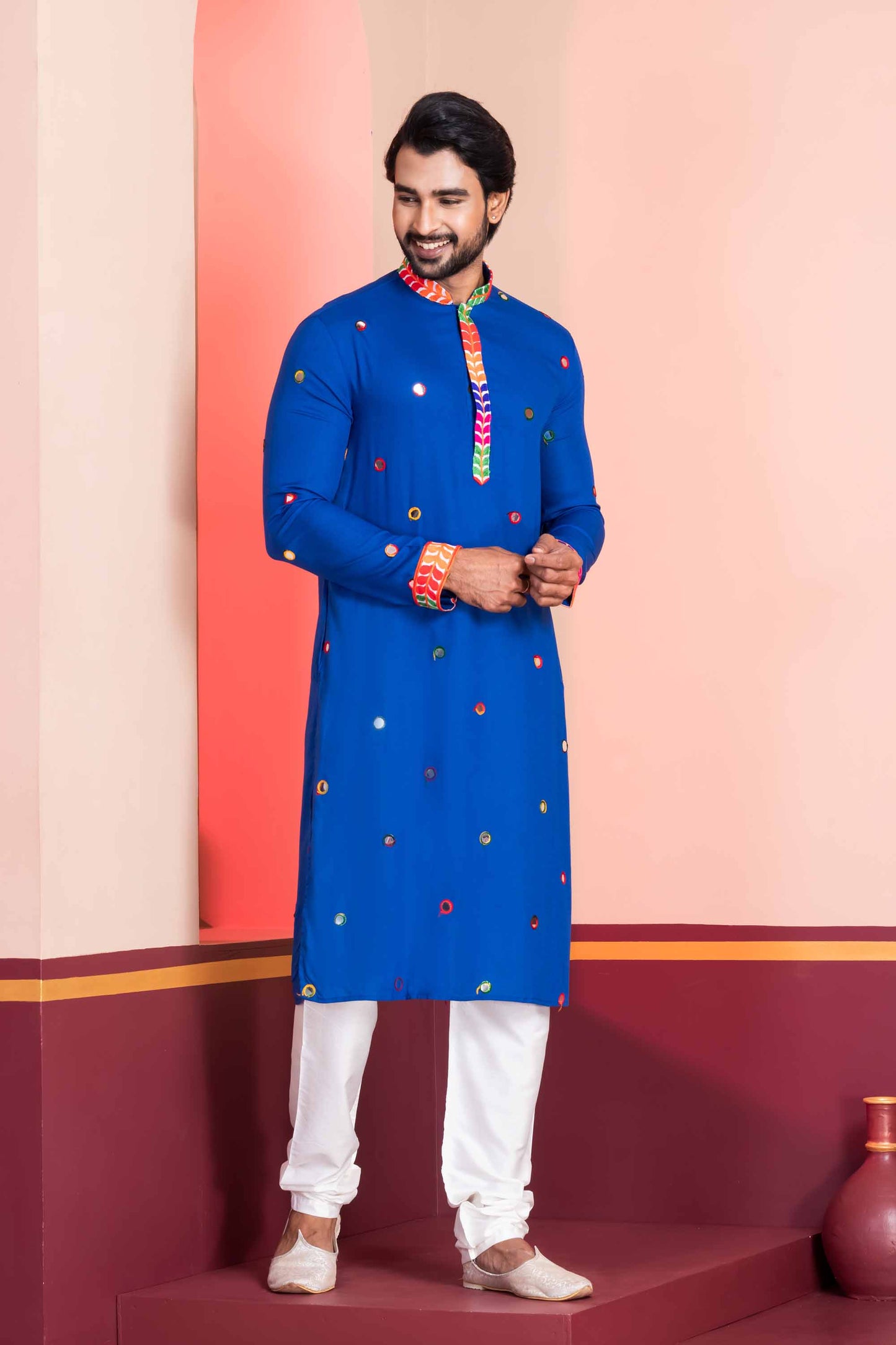 Royal Blue Rayon Kurta with Multicolor Mirror Work and Printed Collar for Navratri