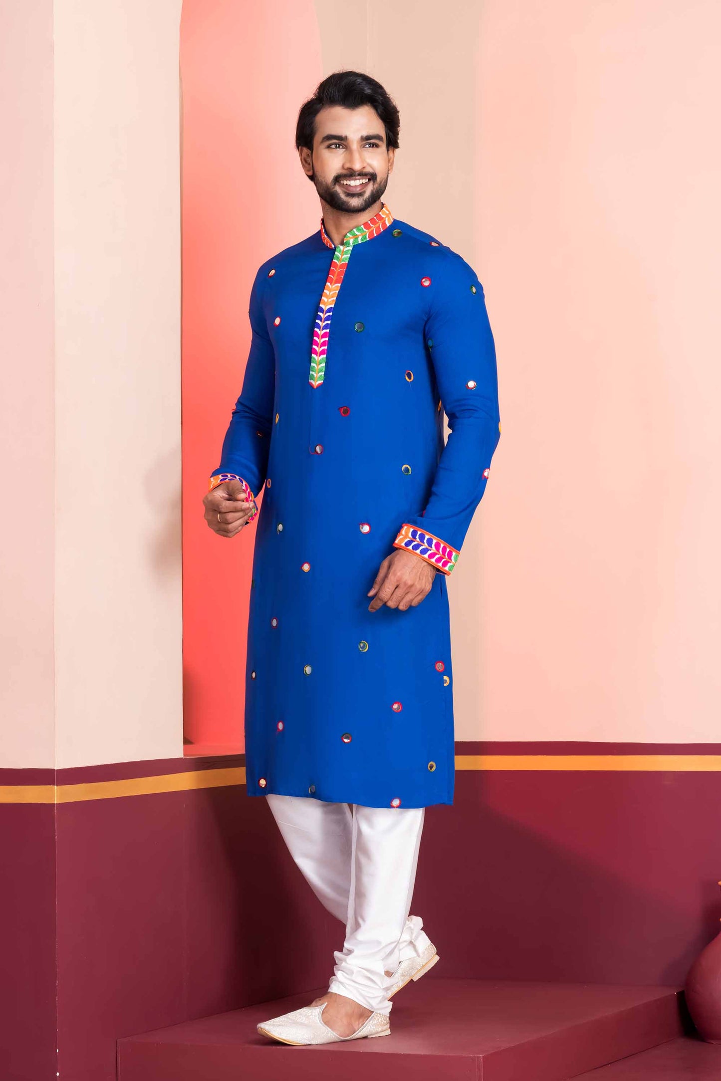 Royal Blue Rayon Kurta with Multicolor Mirror Work and Printed Collar for Navratri