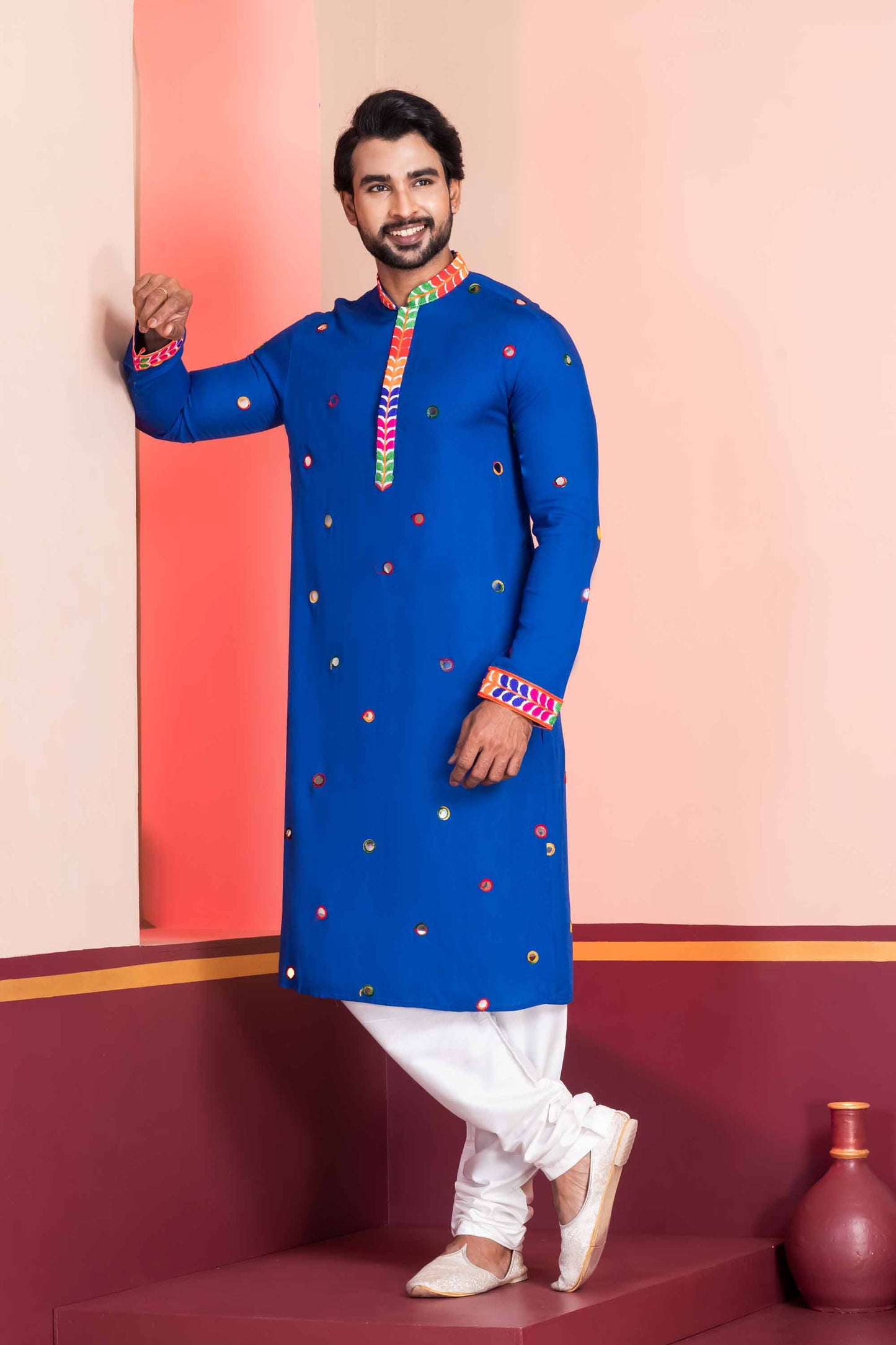Royal Blue Rayon Kurta with Multicolor Mirror Work and Printed Collar for Navratri