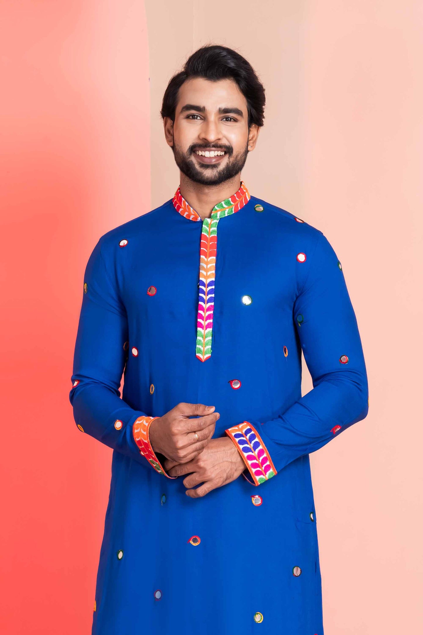 Royal Blue Rayon Kurta with Multicolor Mirror Work and Printed Collar for Navratri