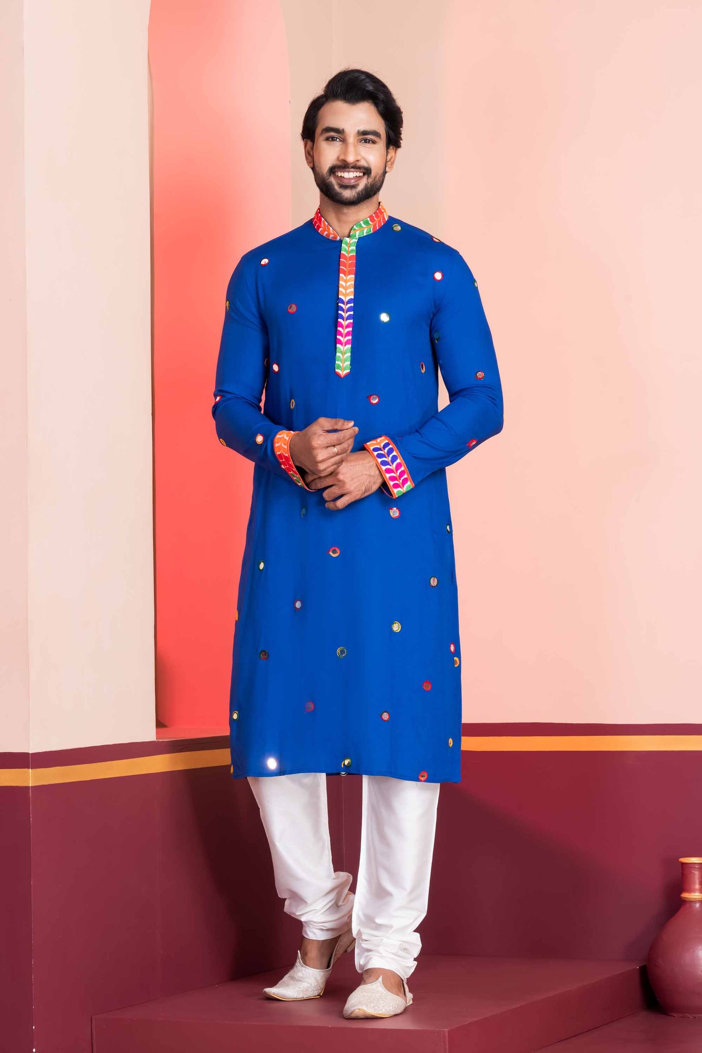 Royal Blue Rayon Kurta with Multicolor Mirror Work and Printed Collar for Navratri