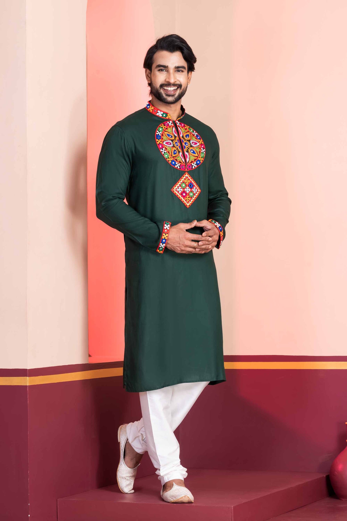Dark Green Rayon Kurta with Multicolor Mirror Embroidery for Navratri Festival