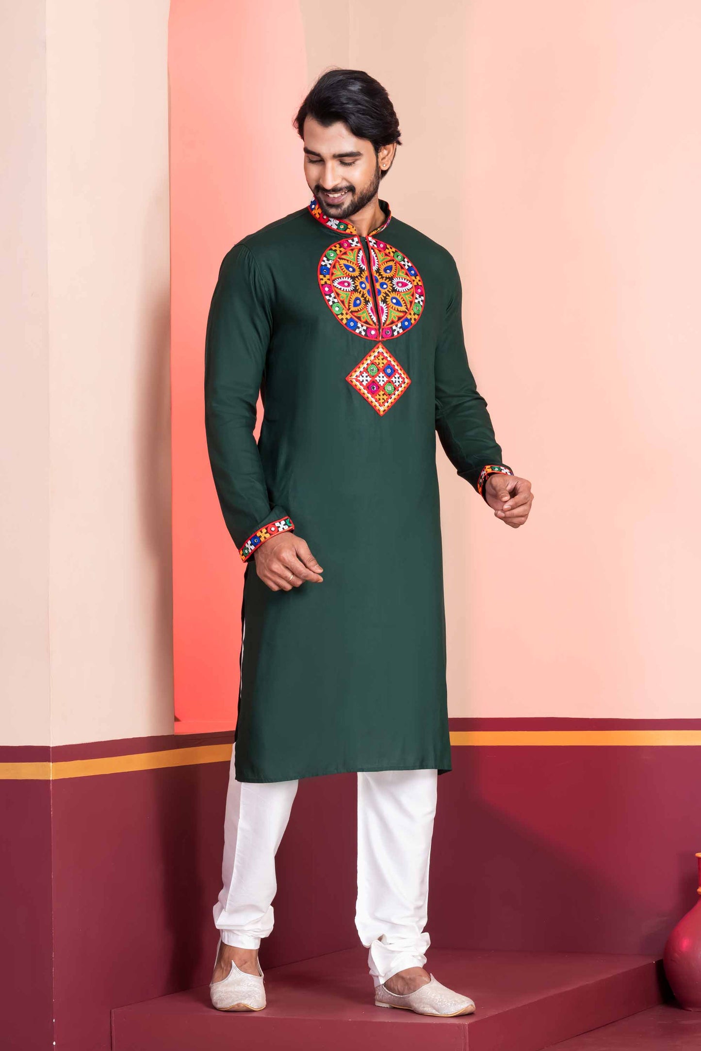 Dark Green Rayon Kurta with Multicolor Mirror Embroidery for Navratri Festival