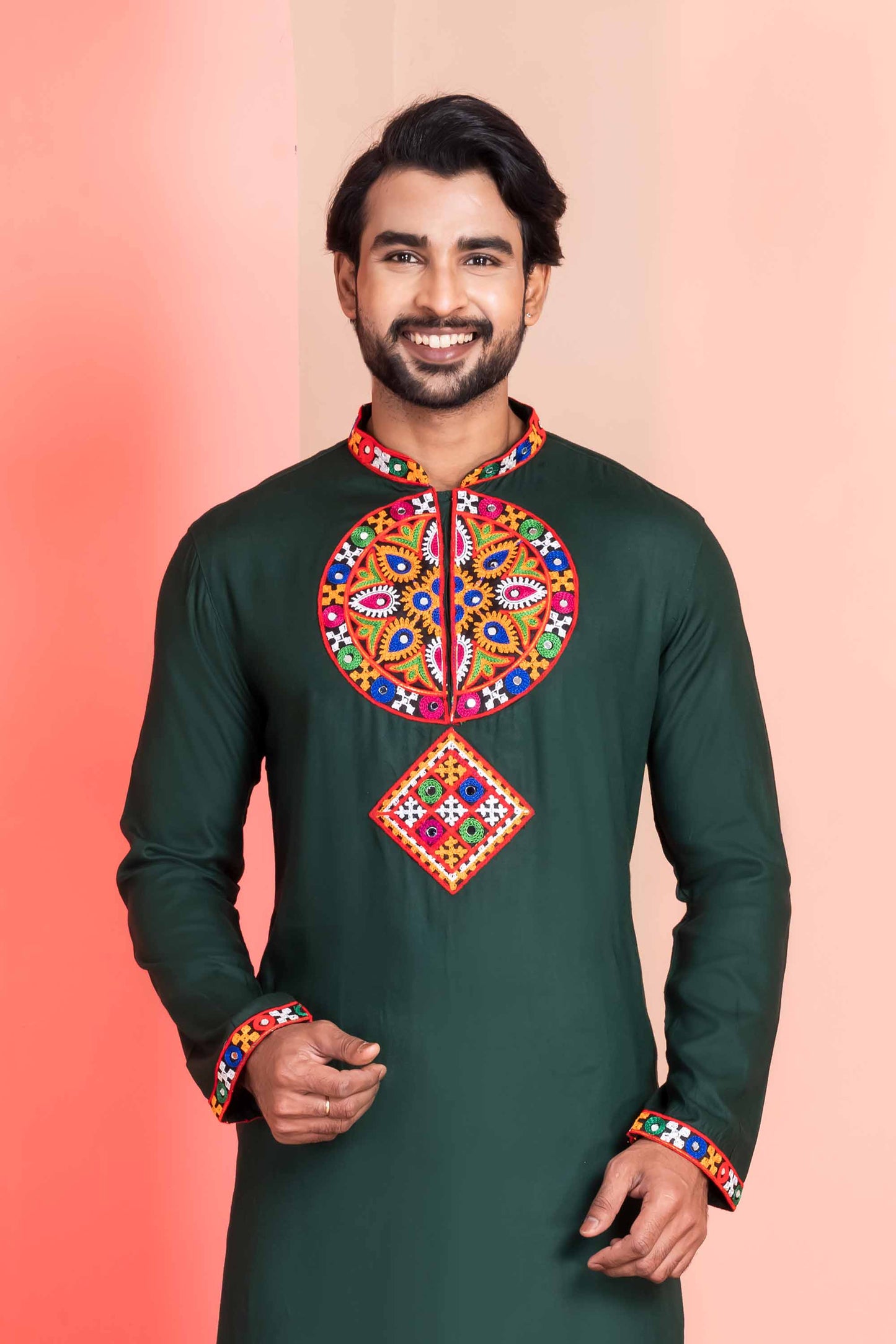 Dark Green Rayon Kurta with Multicolor Mirror Embroidery for Navratri Festival