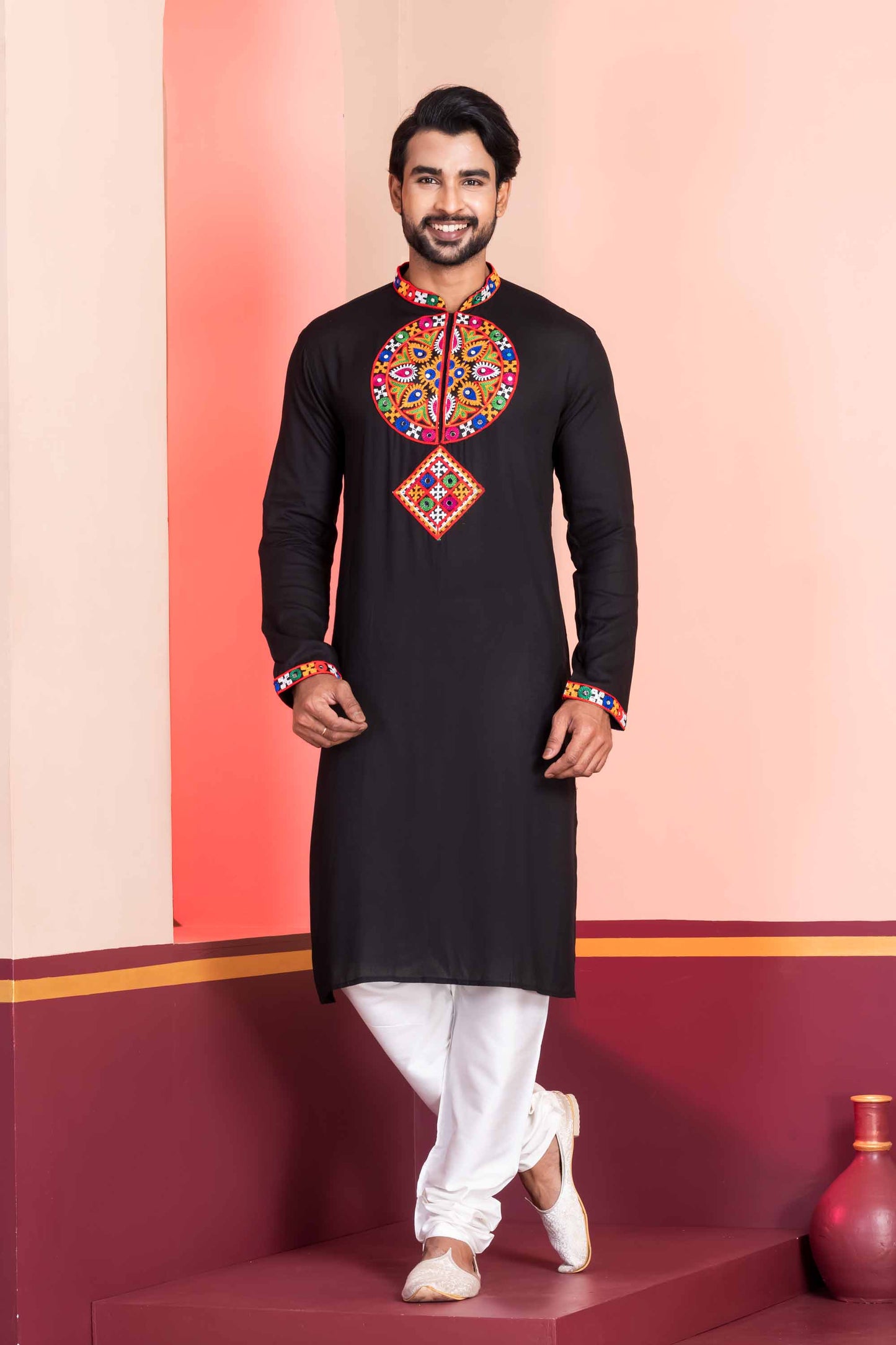 Black Embroidered Rayon Kurta Pajama Set for Men with Multicolor Mirror Work