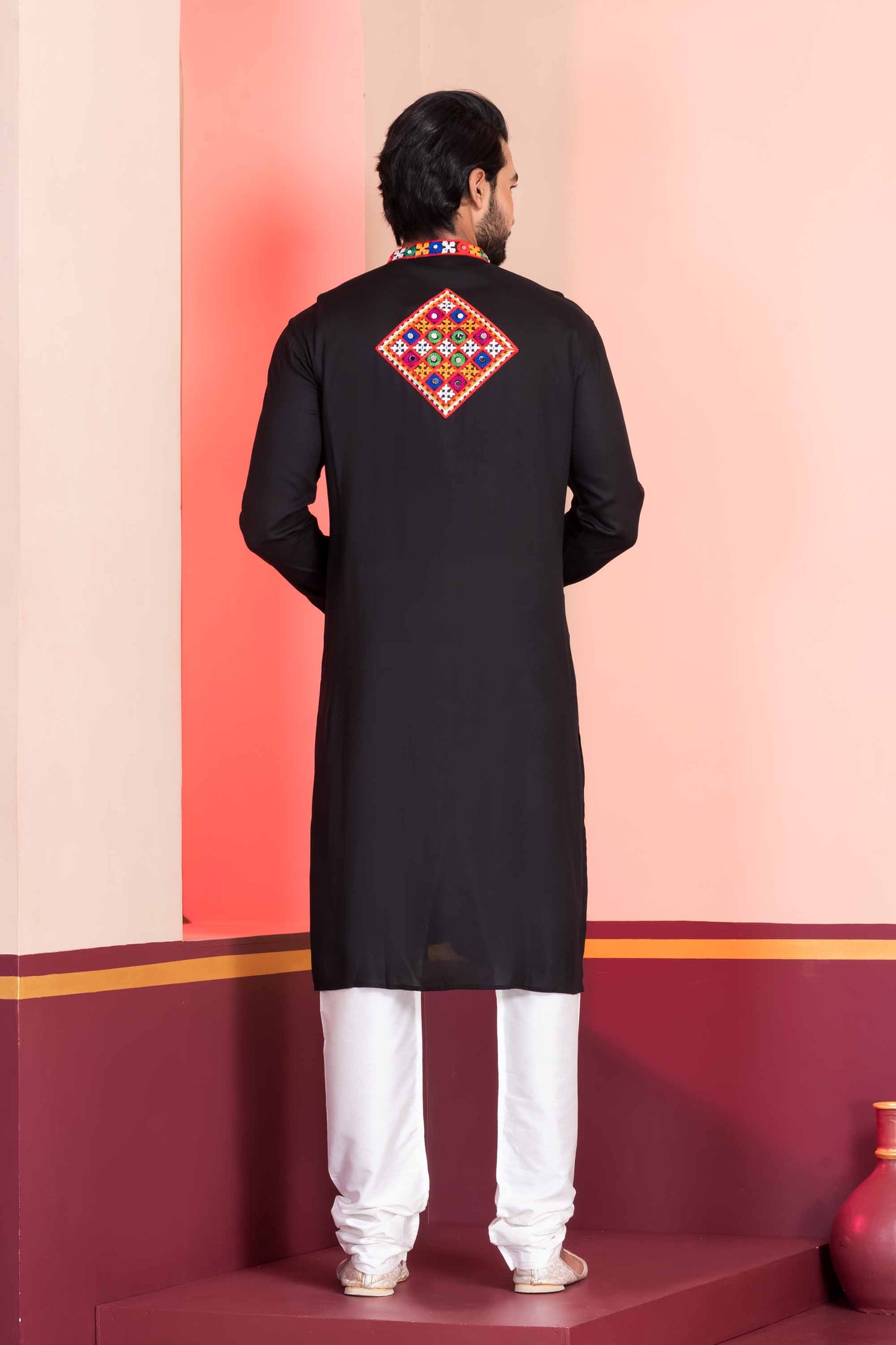 Black Embroidered Rayon Kurta Pajama Set for Men with Multicolor Mirror Work