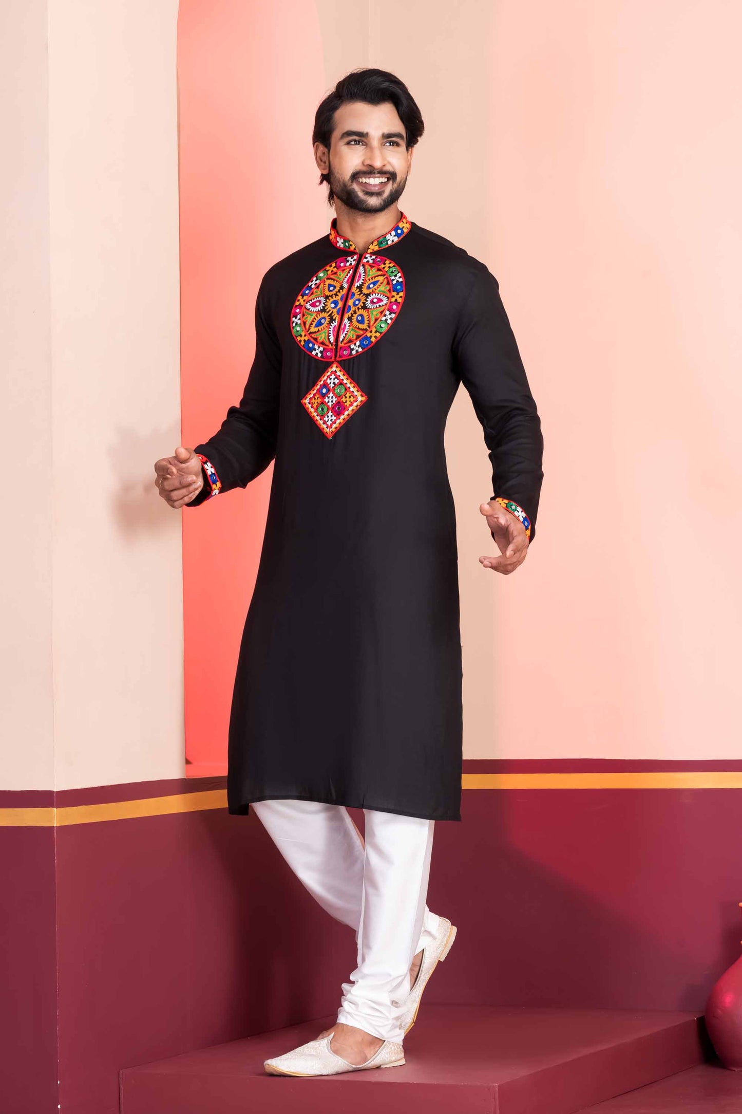 Black Embroidered Rayon Kurta Pajama Set for Men with Multicolor Mirror Work