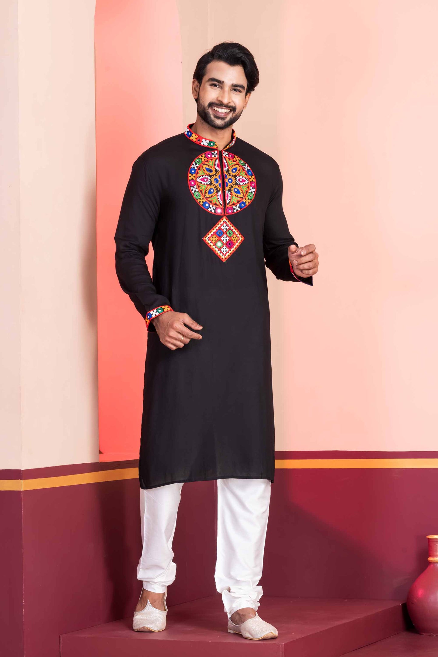 Black Embroidered Rayon Kurta Pajama Set for Men with Multicolor Mirror Work