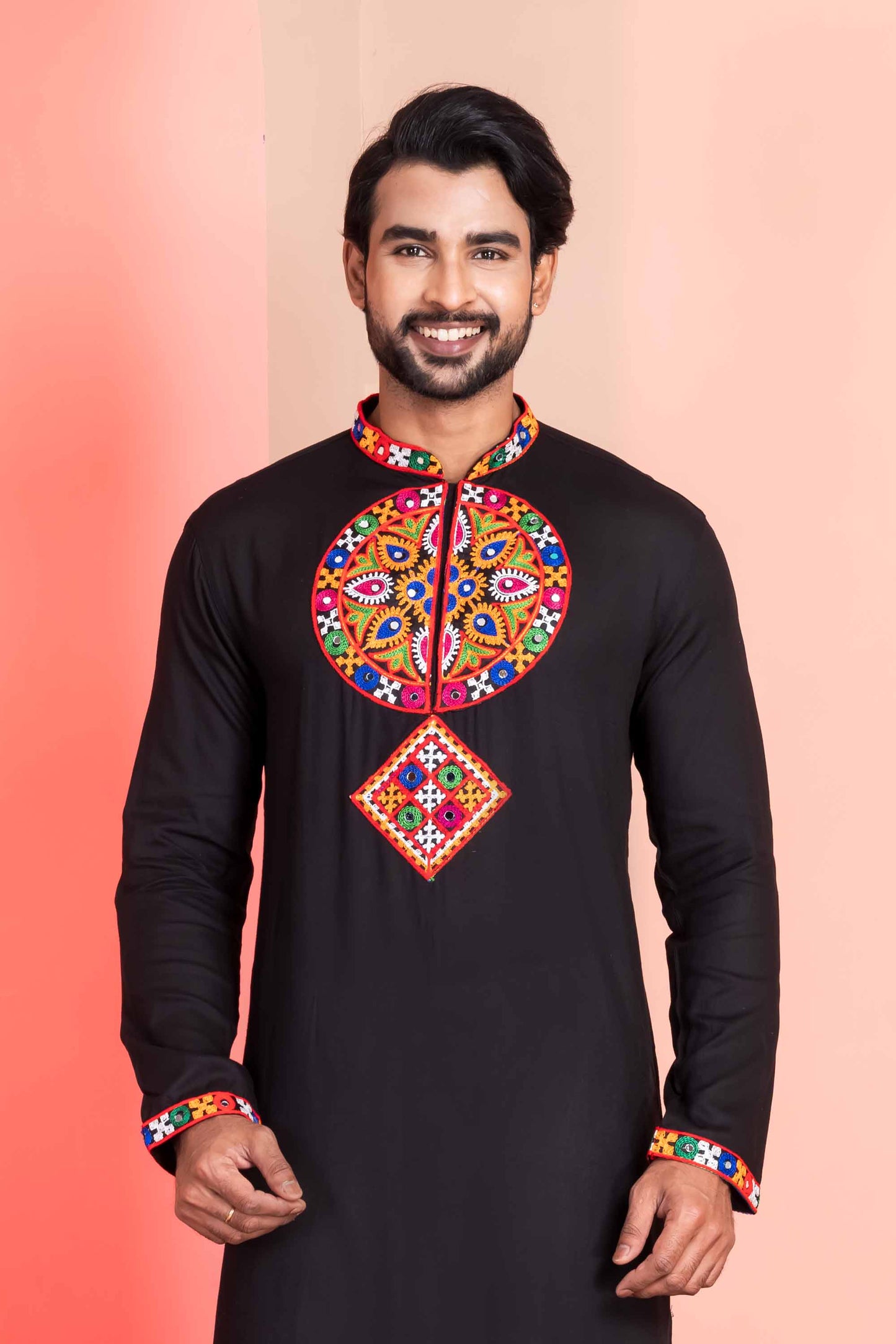 Black Embroidered Rayon Kurta Pajama Set for Men with Multicolor Mirror Work