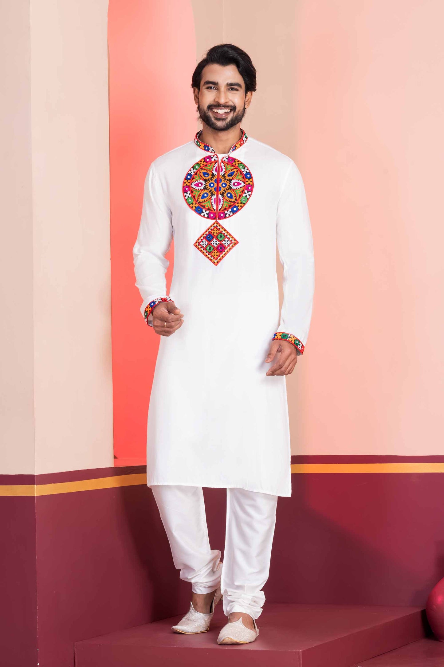 White Embroidered Rayon Kurta Pajama Set for Men with Multicolor Mirror Work
