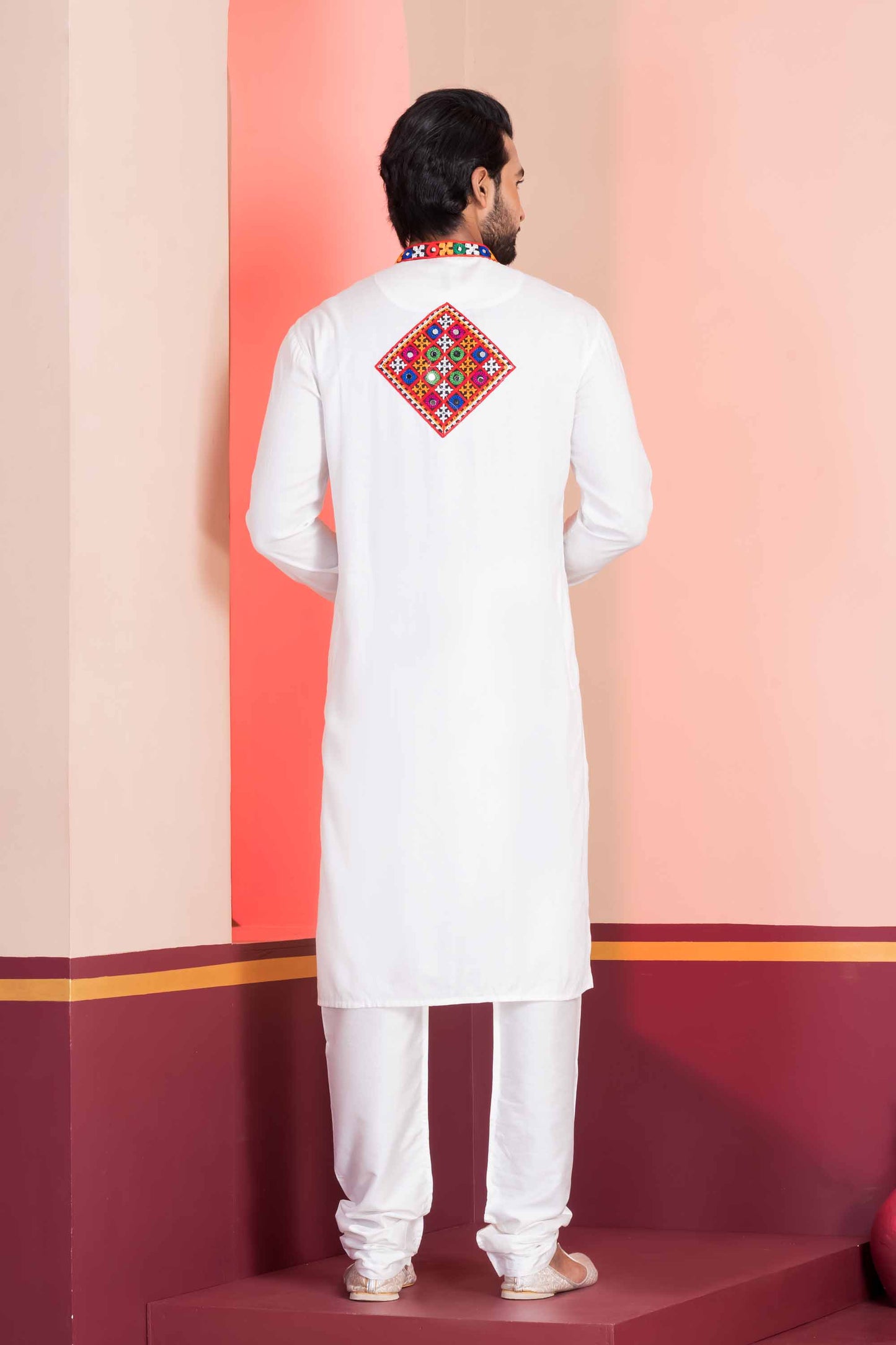 White Embroidered Rayon Kurta Pajama Set for Men with Multicolor Mirror Work