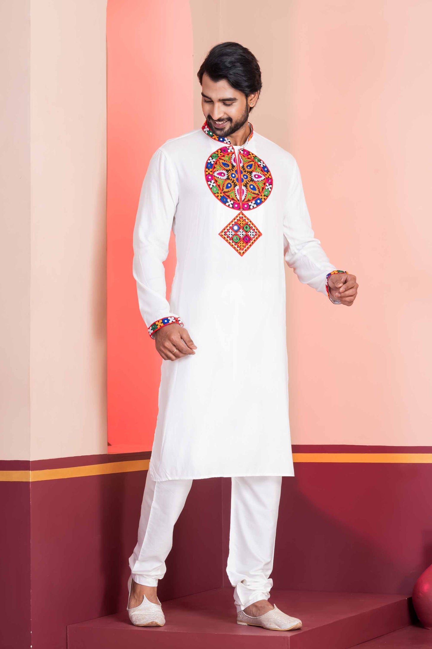 White Embroidered Rayon Kurta Pajama Set for Men with Multicolor Mirror Work