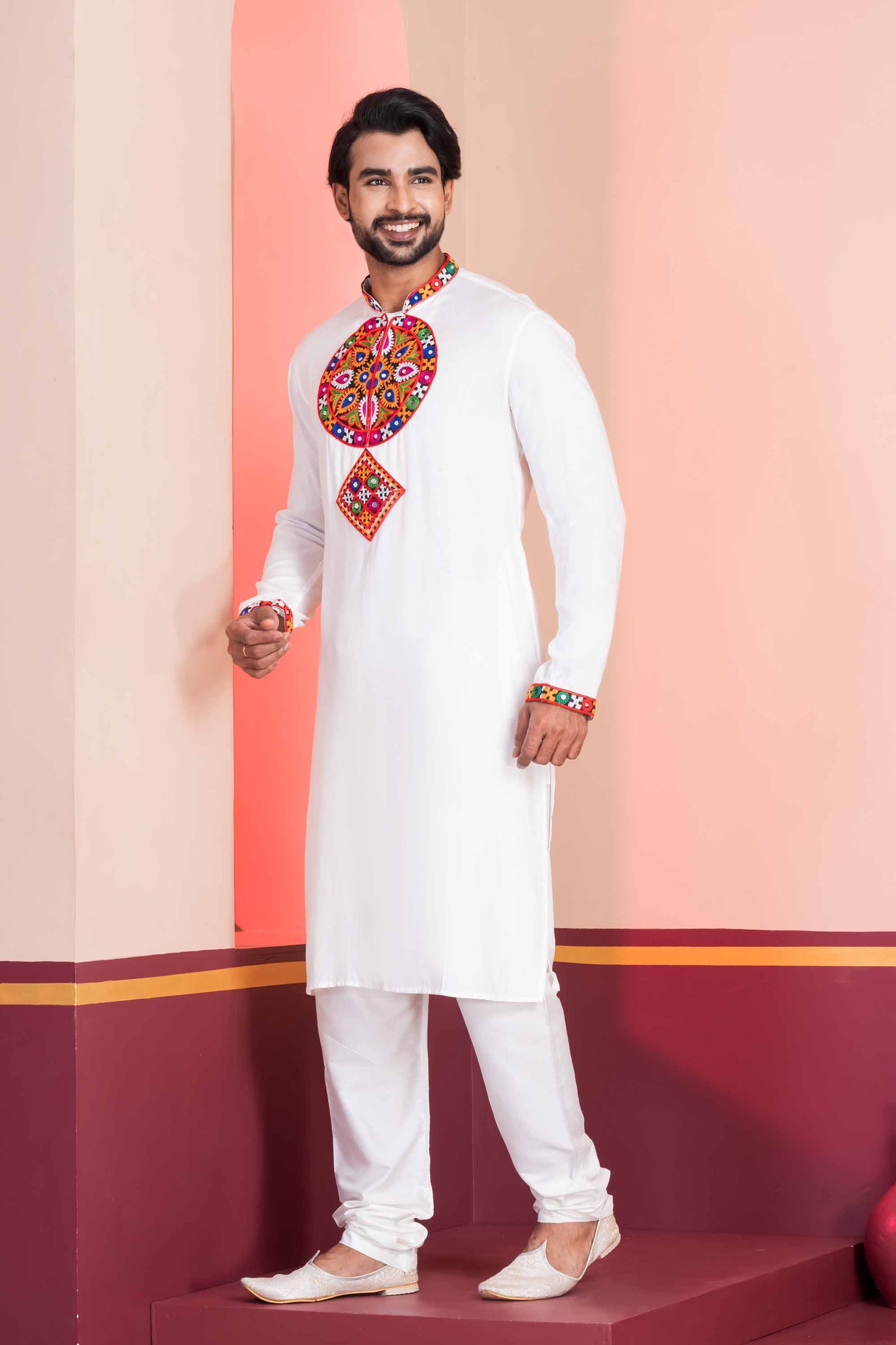 White Embroidered Rayon Kurta Pajama Set for Men with Multicolor Mirror Work