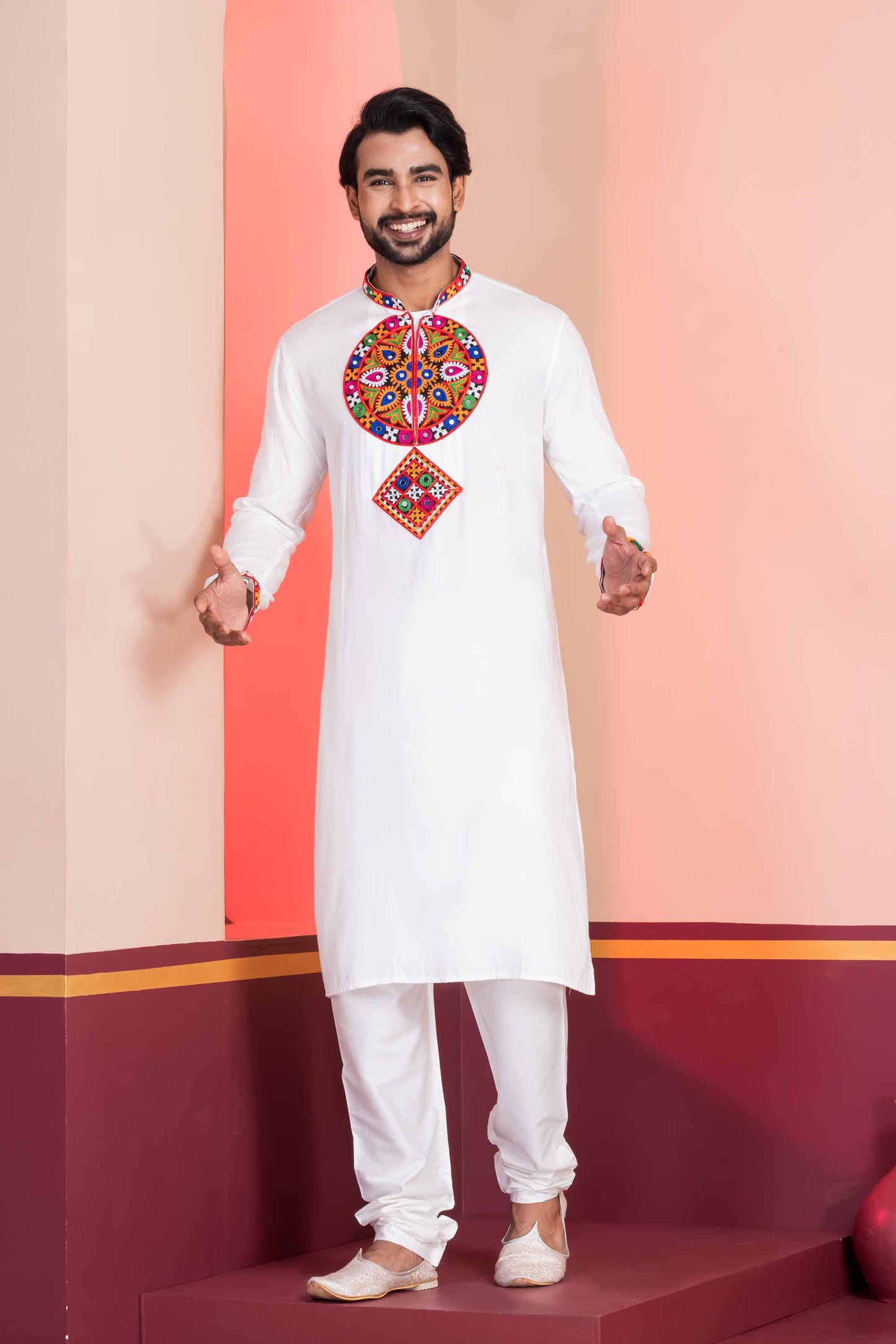 White Embroidered Rayon Kurta Pajama Set for Men with Multicolor Mirror Work