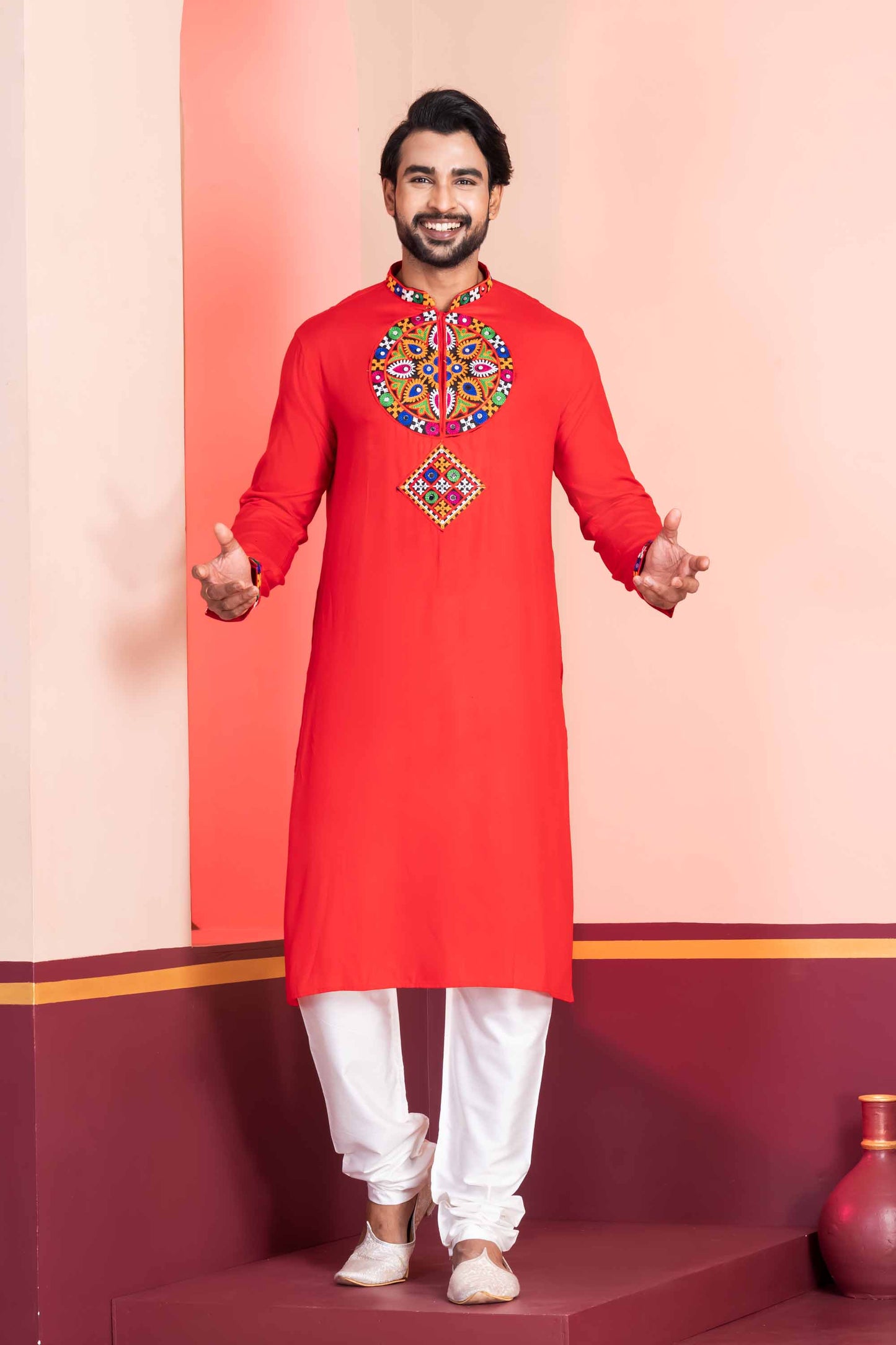 Red Embroidered Rayon Kurta Pajama Set for Men with Multicolor Mirror Work