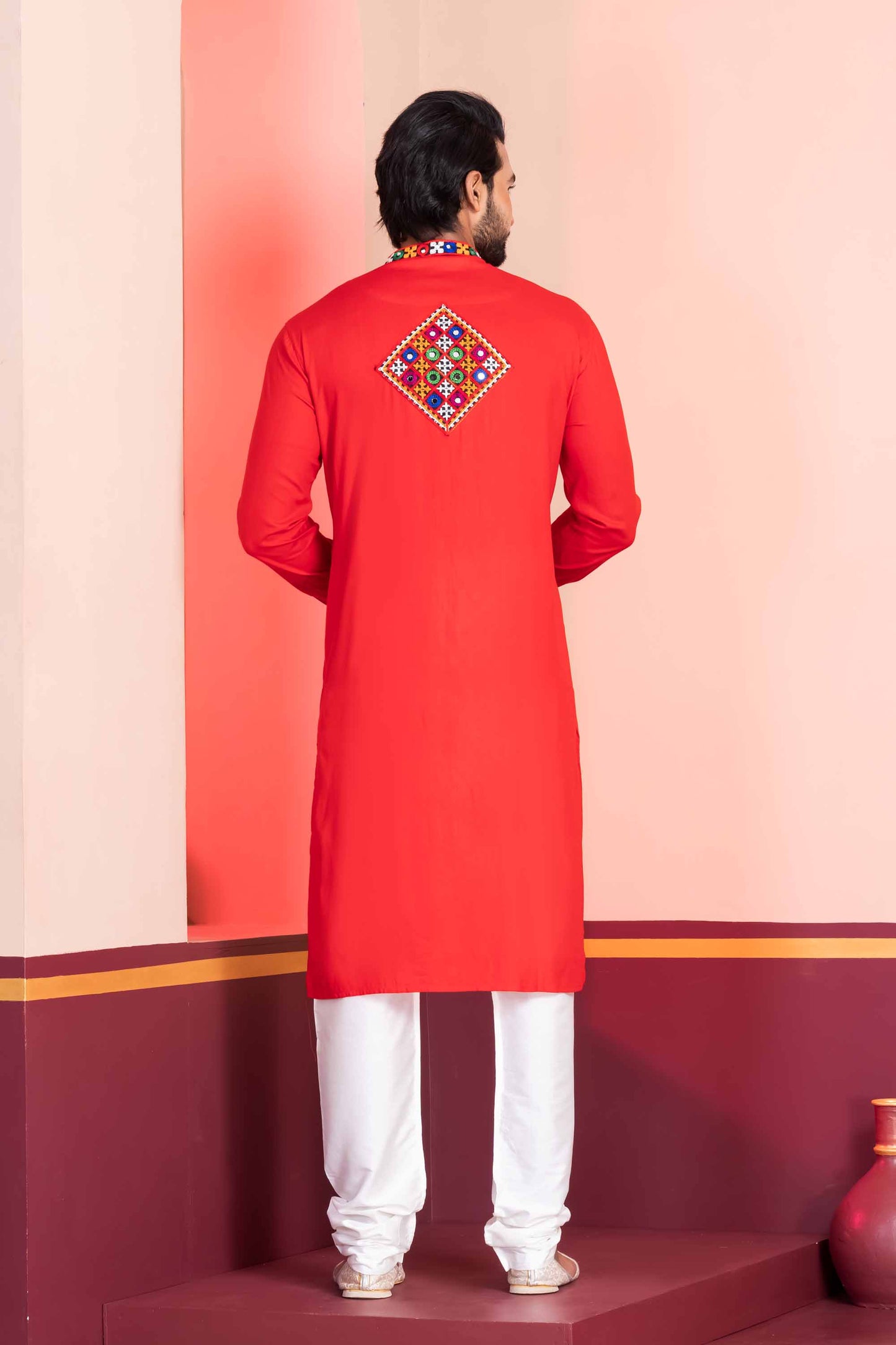 Red Embroidered Rayon Kurta Pajama Set for Men with Multicolor Mirror Work