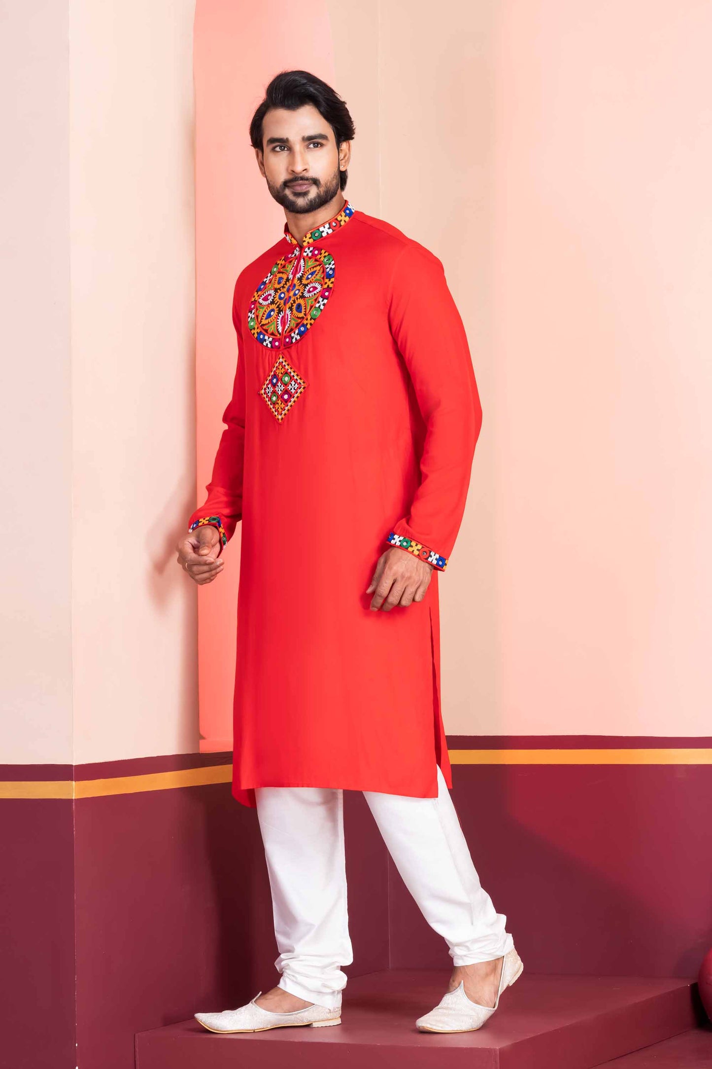 Red Embroidered Rayon Kurta Pajama Set for Men with Multicolor Mirror Work
