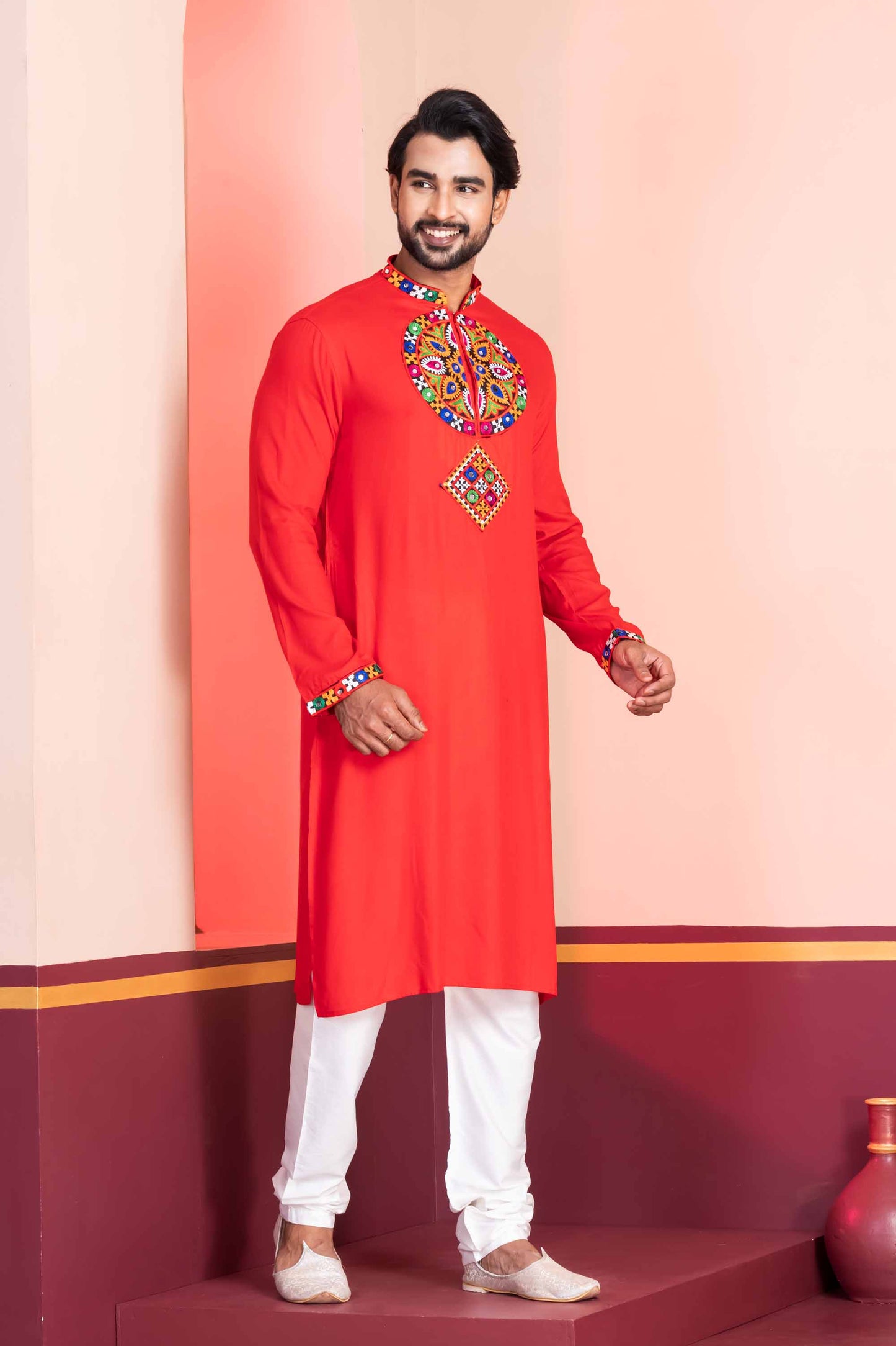 Red Embroidered Rayon Kurta Pajama Set for Men with Multicolor Mirror Work