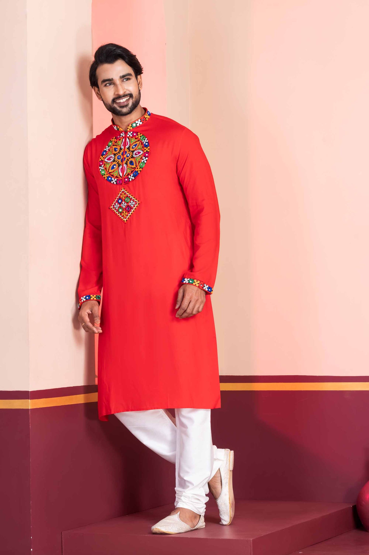 Red Embroidered Rayon Kurta Pajama Set for Men with Multicolor Mirror Work