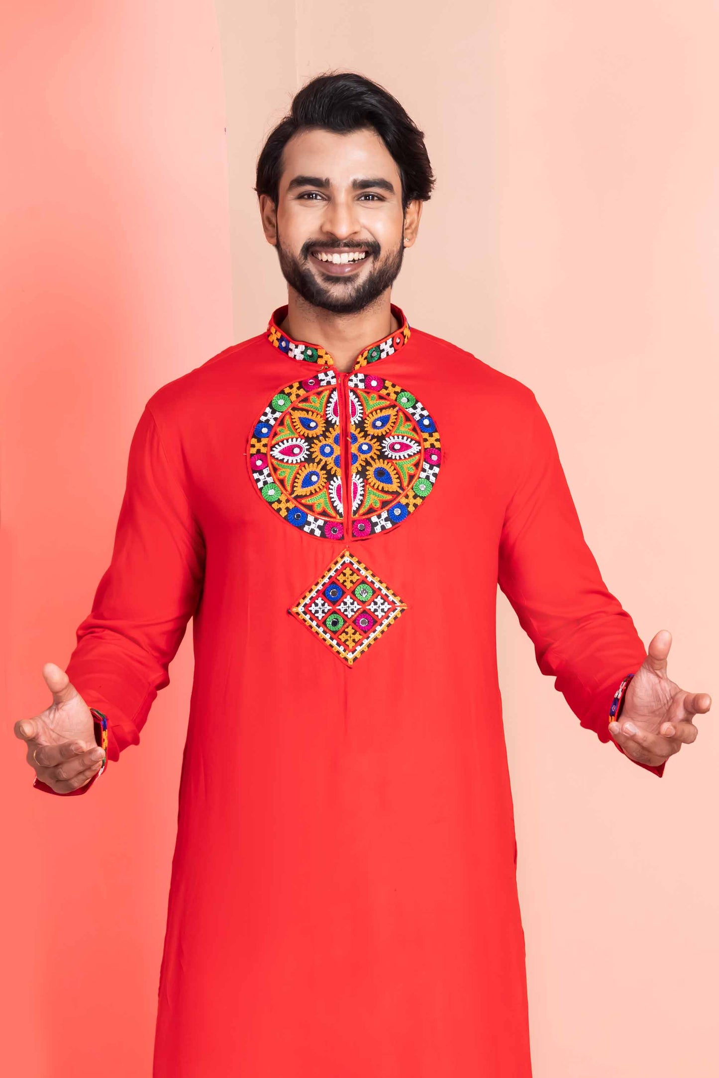 Red Embroidered Rayon Kurta Pajama Set for Men with Multicolor Mirror Work